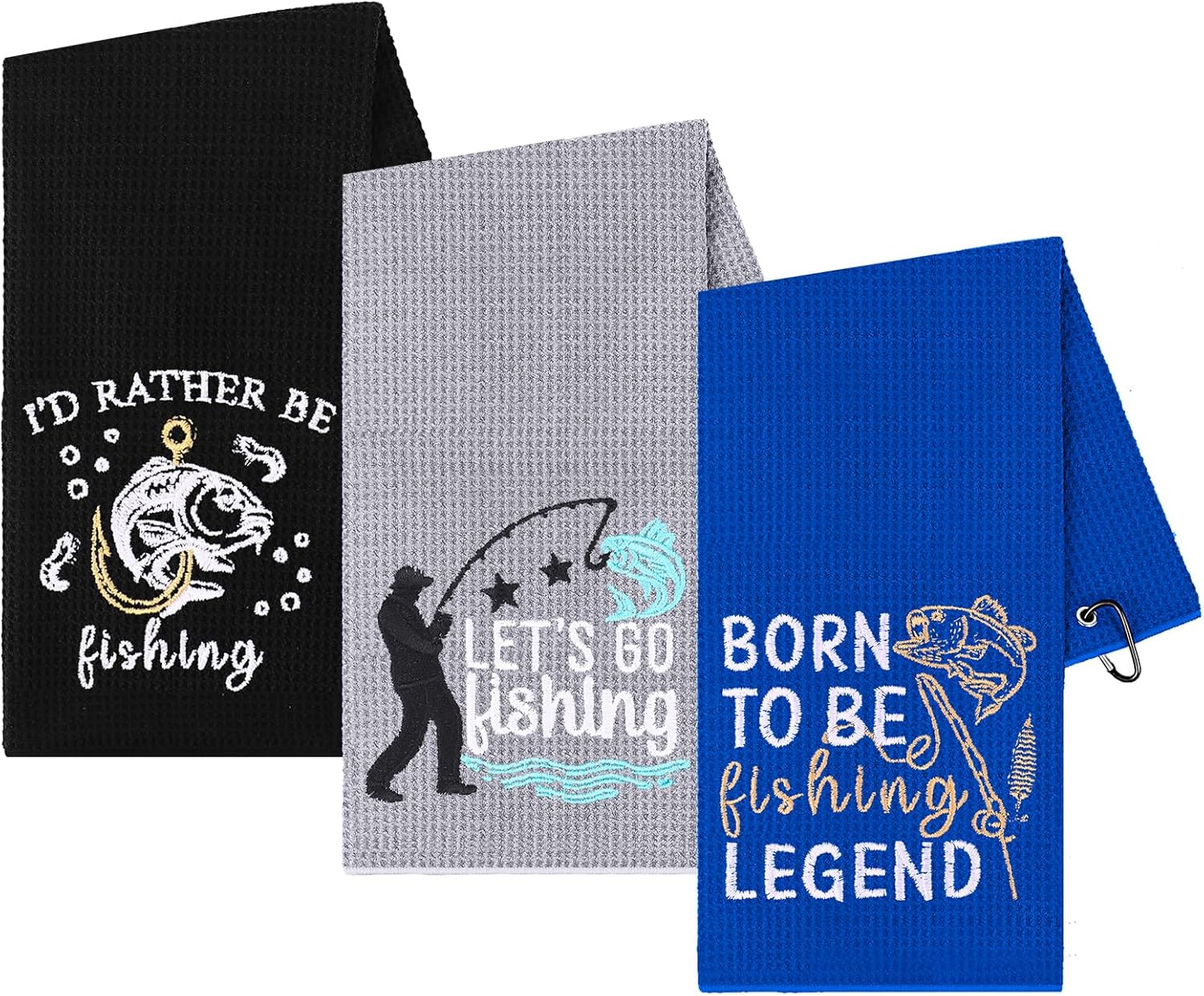 クリップ付きフィッシングタオル3枚。ソフト刺繍フィッシングタオル。釣り道具の効果的なクリーニング。汚れた手ボートタオル。16&times;16イ