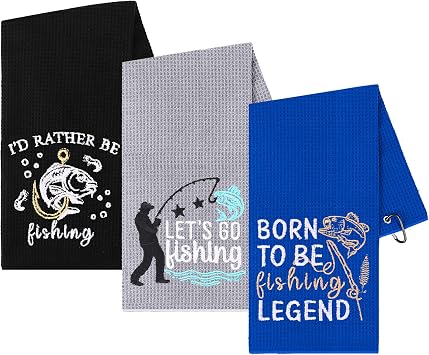 3 Pcs Fishing Towels with Clip Soft Embroidered Fishing Towel Effective Cleaning of Fishing Gear Dirty Hands Boat Towels 16 x 16 Absorbent Fishing Hand Towel for Men Women Camping Hiking Fly Fishings