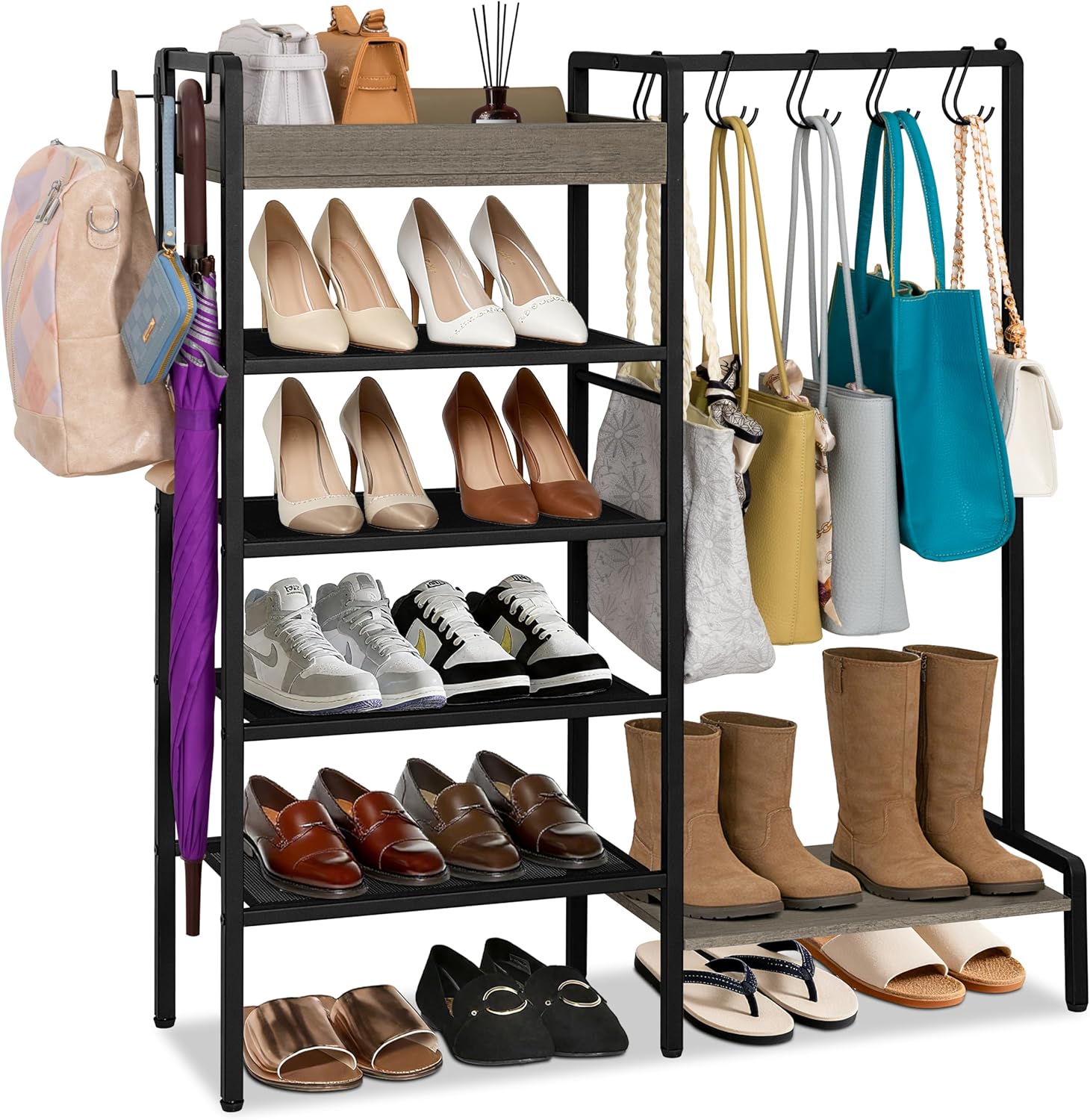 2-in-1 Shoe and Purse Rack, 5-Tier Shoe Rack with Wooden Tray & 7 Hooks, Industrial Metal Shoe Shelf with Removable Shelves for Entryway, Front Door Entrance, Closet, Boot Storage, Black