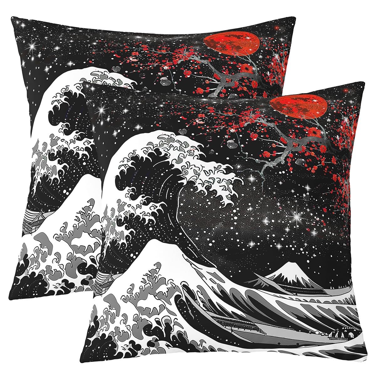 Feelyou Japanese Wave Throw Pillow Covers 20"x20" Set of 2 Cherry Blossoms Decorative Pillowcase for Boys Girls Japanese Style Home Decor Cushion