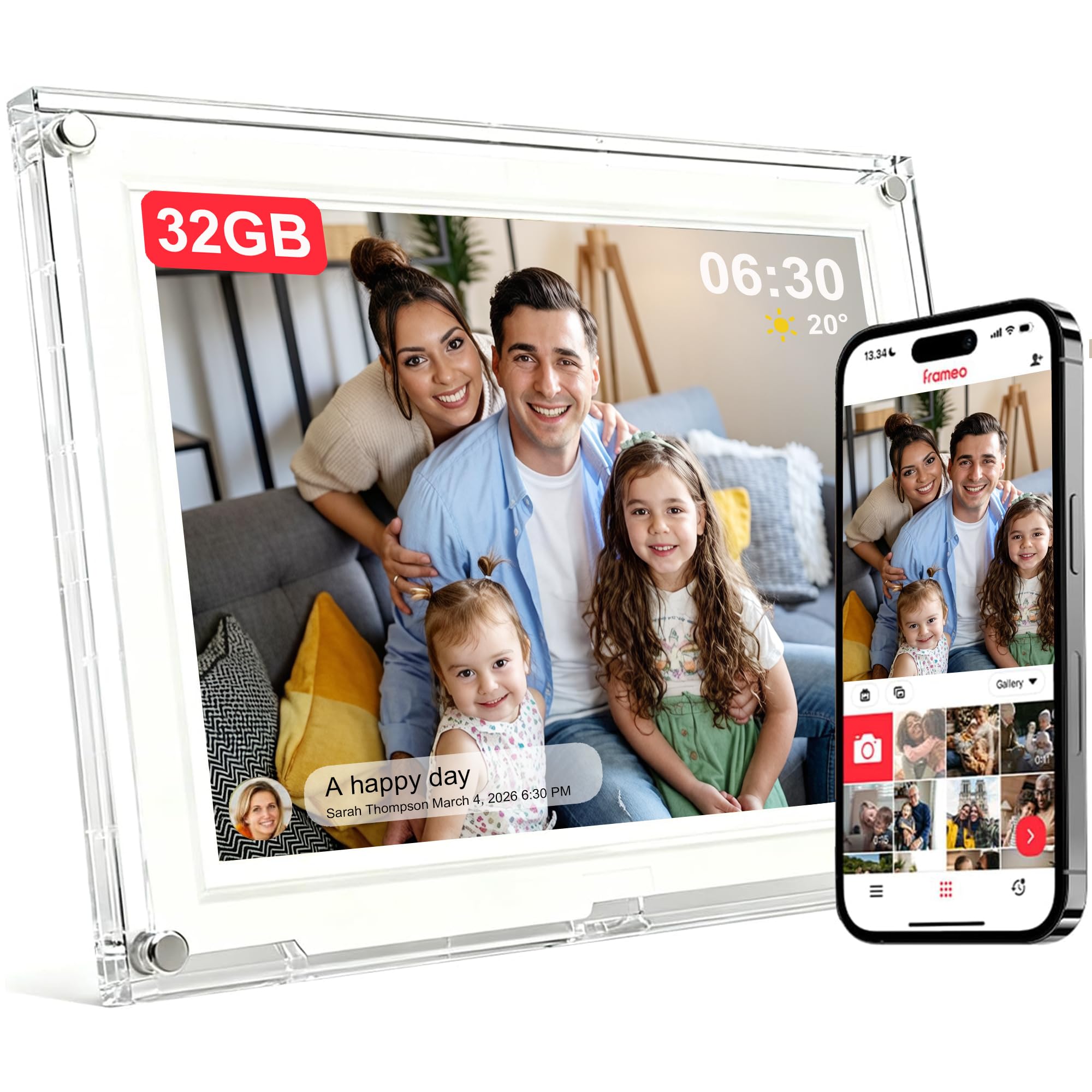 Frameo Cadre Photo Numérique 10.1 Pouces Acrylique Mince Wifi 1280x800 HD Écran tactile IPS avec 32 Go de mémoire Partagez des photos et des vidéos instantanément via l'application Frameo