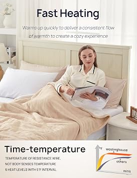Westinghouse Electric Throw Blanket with Foot Pocket for Adults 50x62 Beige | Soft Flannel to Sherpa Heated Throw with 6 Heating Levels & 2-10 Hours Time Settings, Fast Heating & Machine Washable