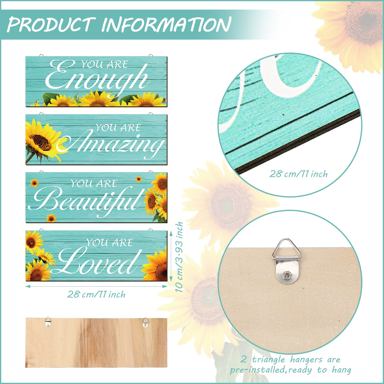 4 piezas de decoración de pared de girasol con texto en inglés You are Loved, decoración inspiradora de girasol, decoración de baño, turquesa, granja, arte de pared, letrero de madera 2