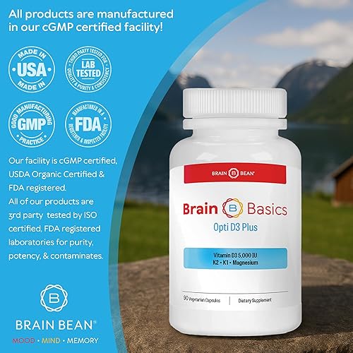 Miniatura 2 de Brain Basic Opti D3 Plus - Vitamina D3 5000 UI con K1, K2 y magnesio - Suplemento de apoyo cerebral para el estado de ánimo, la mente, la memoria -