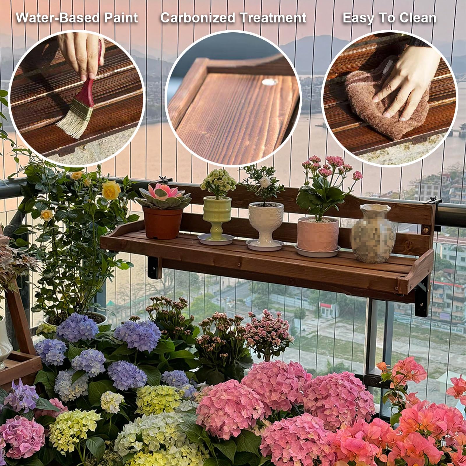 Table de Balcon Suspendue Pliable et Suspendue, Tablette Balcon en Bois pour Les Petits Balcons, Terrasses, Plantes D'extérieur et Rangement, Installation sans Perçage(Brown,90cm/36in)