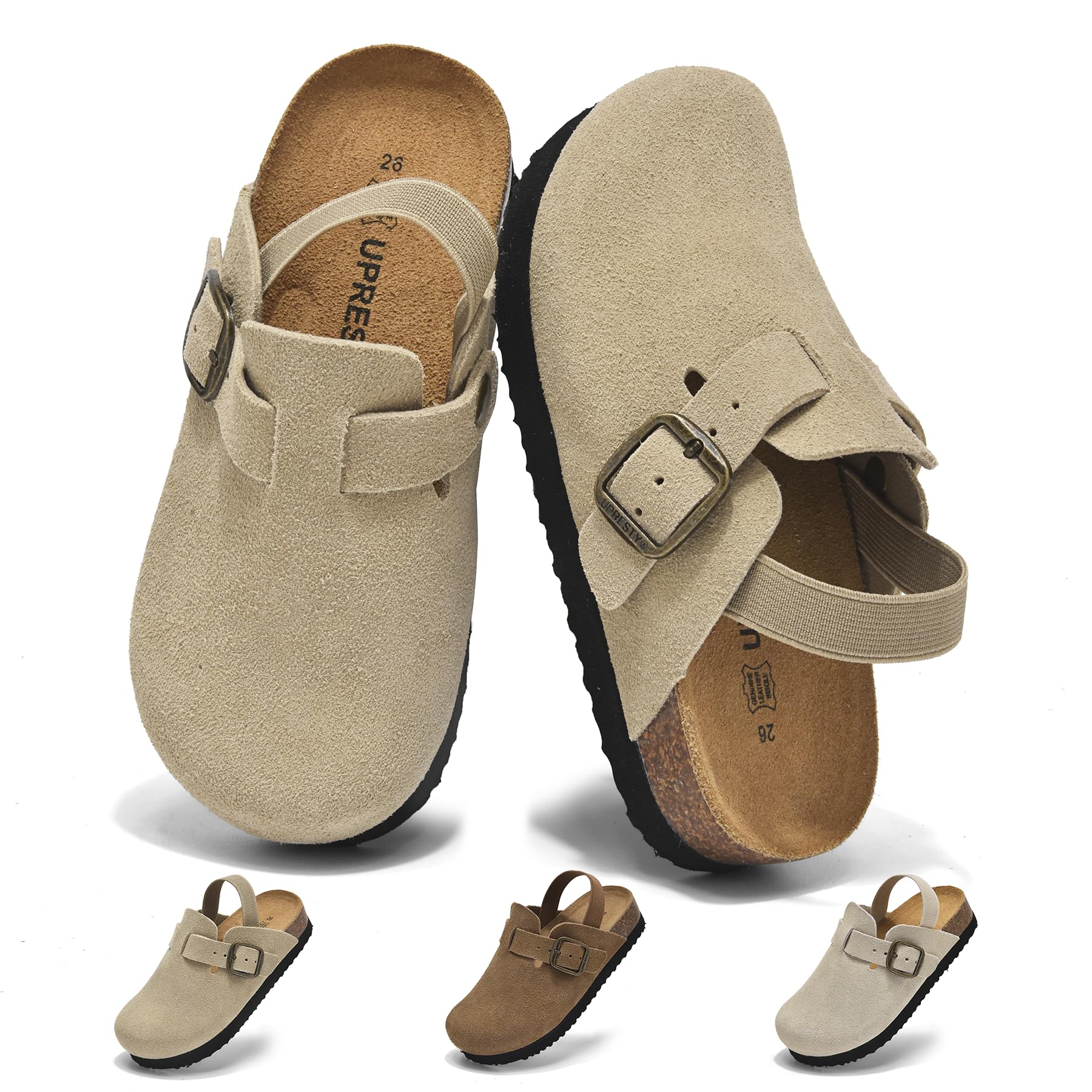 100% Genuine Suede Toddler Kids Clogs with Arch Support, Boys Girls Infant Clogs with Comfort Memory Foam Insole, Non Slip Cork Footbed Mules for Kid with Adjustable Straps