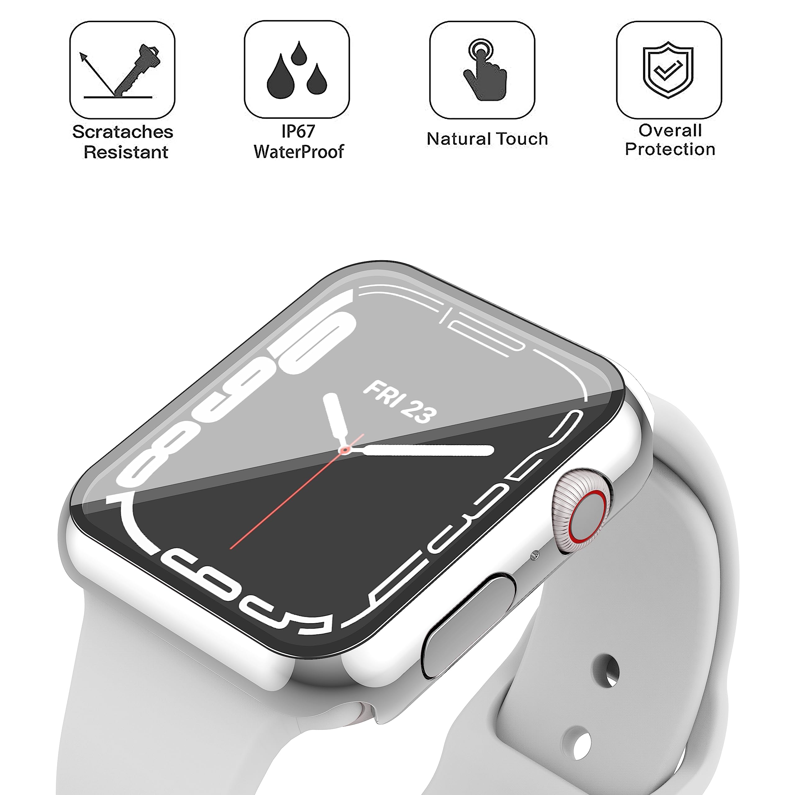 Misxi Confezione da 2 custodie impermeabili antigraffio con pulsante per Apple Watch Serie 9 (2023) Serie 8 Serie 7 45 mm, cover rigida in PC con pellicola protettiva in vetro temperato per iWatch, 1