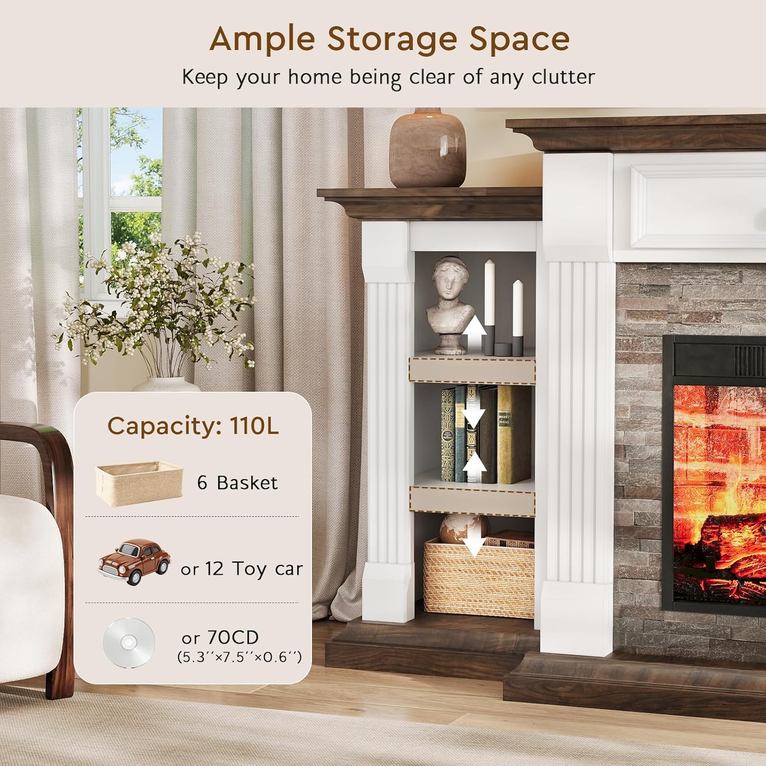 Image detailing the ample storage space on the side shelves of the fireplace TV stand, with examples of items that can be stored.