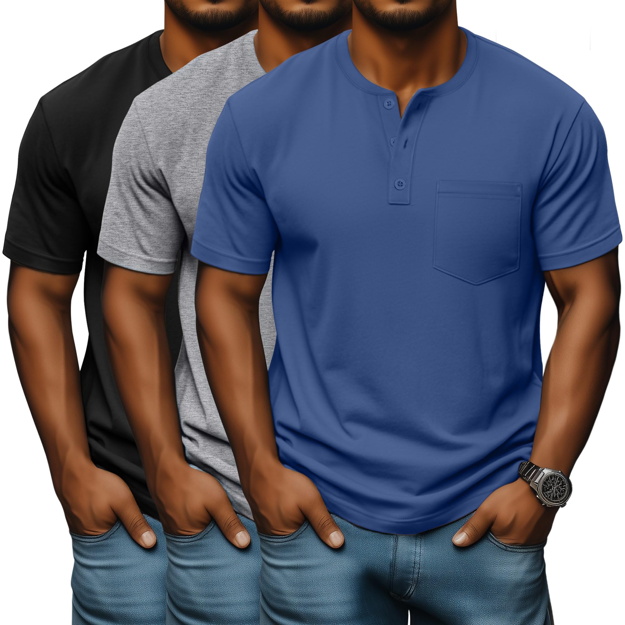 Neer 3 Pack Men's Big and Tall Henley T-Shirts, Short Sleeve Pocket Oversized Tops Casual Summer Soft Loose Basic Tees