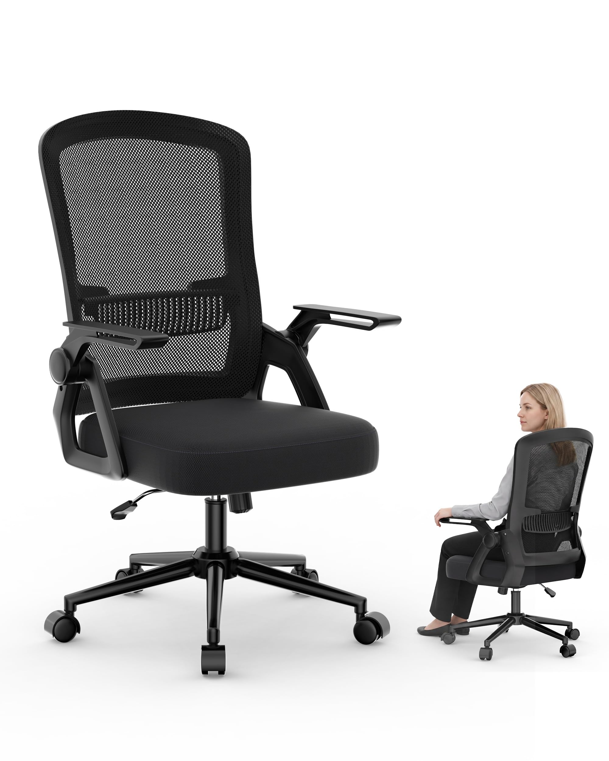 rattantree Schreibtischstuhl Ergonomischer Schwarz für Zuhause Büro | Bürostuhl mit Verstellbaren Armlehnen, Drehstuhl mit Netzbespannung, Lordosenstütze, Höhenverstellbarer, Wippfunktion
