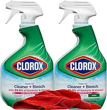 Clorox Clean-Up Cleaner Bleach Spray, 2 Pack, All Purpose Bleach Spray Trigger, Disinfects Kitchen,Bathroom,Tiles,Original Scent, Mold & Mildew Cleaner, 32 oz. Each plus red Microfiber Cleaning Cloth
