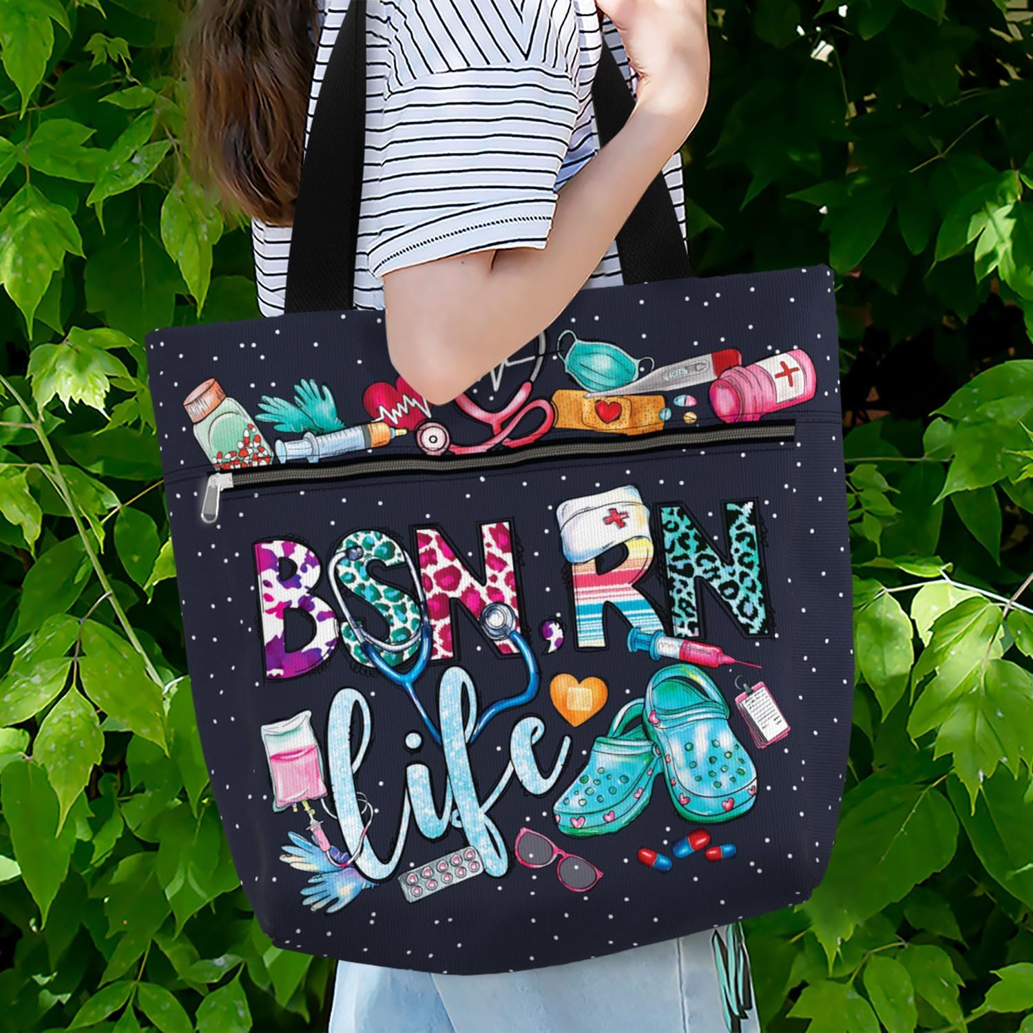 84hoods Aesthetic Tote Bag for Women. Gift for RN Registered Nurse. Large Shoulder Bag with Pockets and Zipper for Work. | Aesthetic, with Pockets, and Zipper, for Work - Image 2