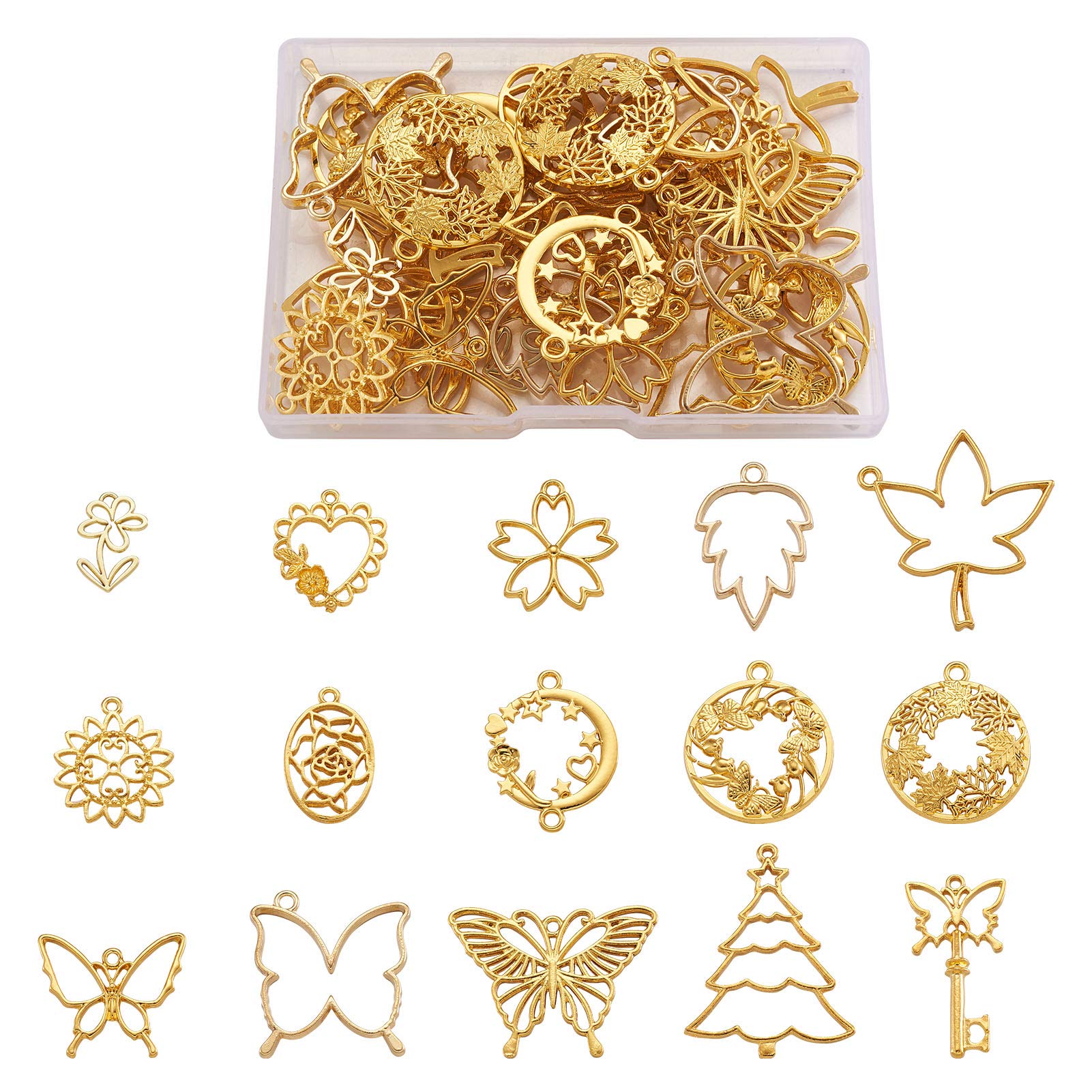 Cheriswelry 30pcs Alloy Golden Open Back Bezel Pendants Butterfly Flower Leaf Round Heart Resin Frame Hollow Trays for DIY Jewellery Crafts Making
