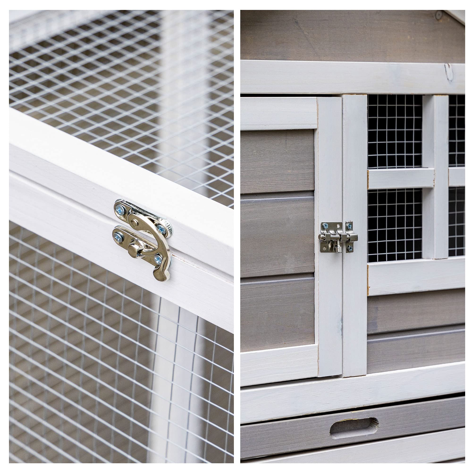 PawHut Clapier Cage à Lapins Cottage - Niche supérieure avec Rampe et enclos extérieur - Plateau Coulissant, Toit bitumé, 4 Portes verrouillables - dim. 128L x 64l x 92H cm Bois de Sapin Blanc Gris