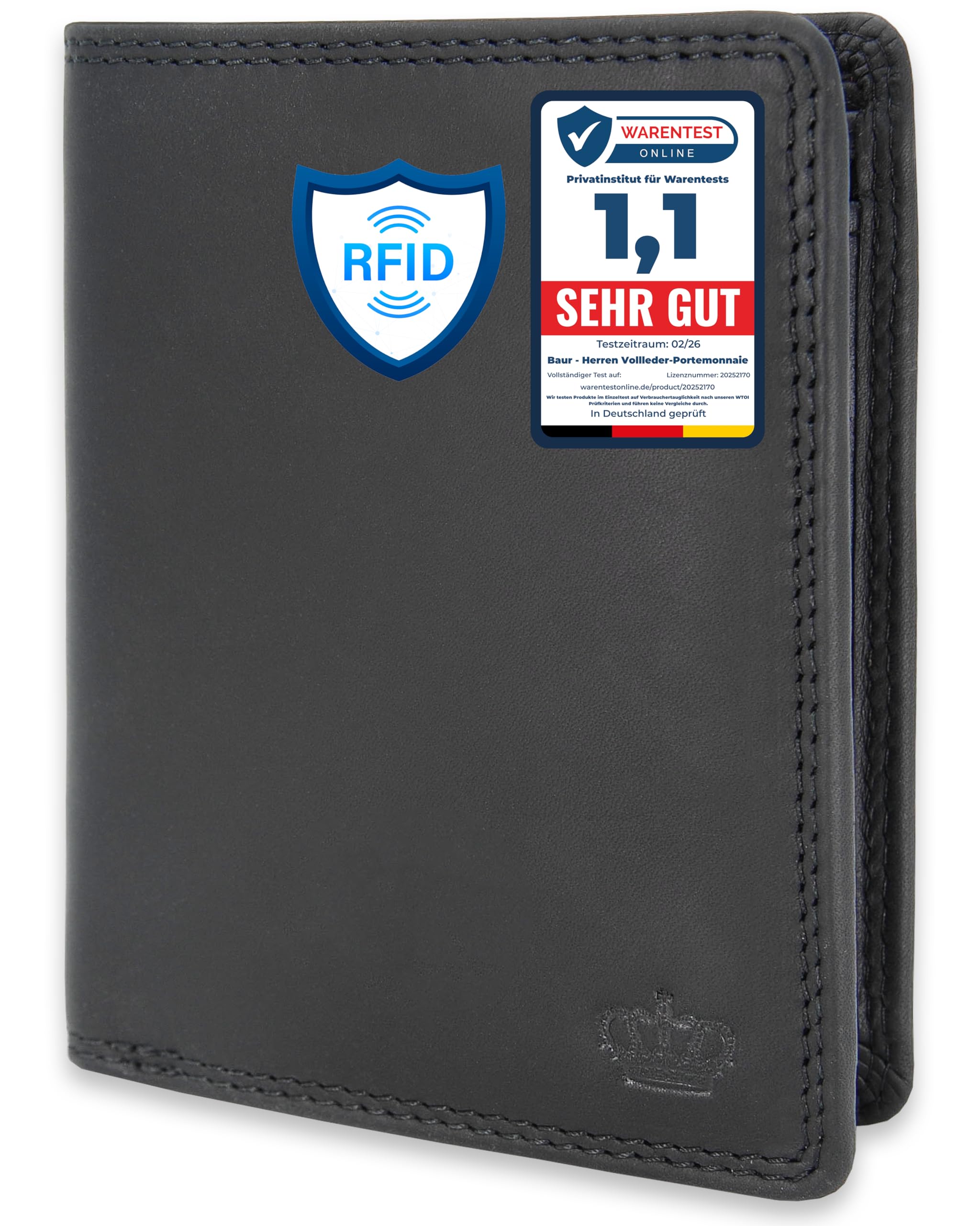 Baur - Cartera de piel auténtica para hombre, con protección RFID, Negro , 10cmx12,6cmx2cm, Clásico