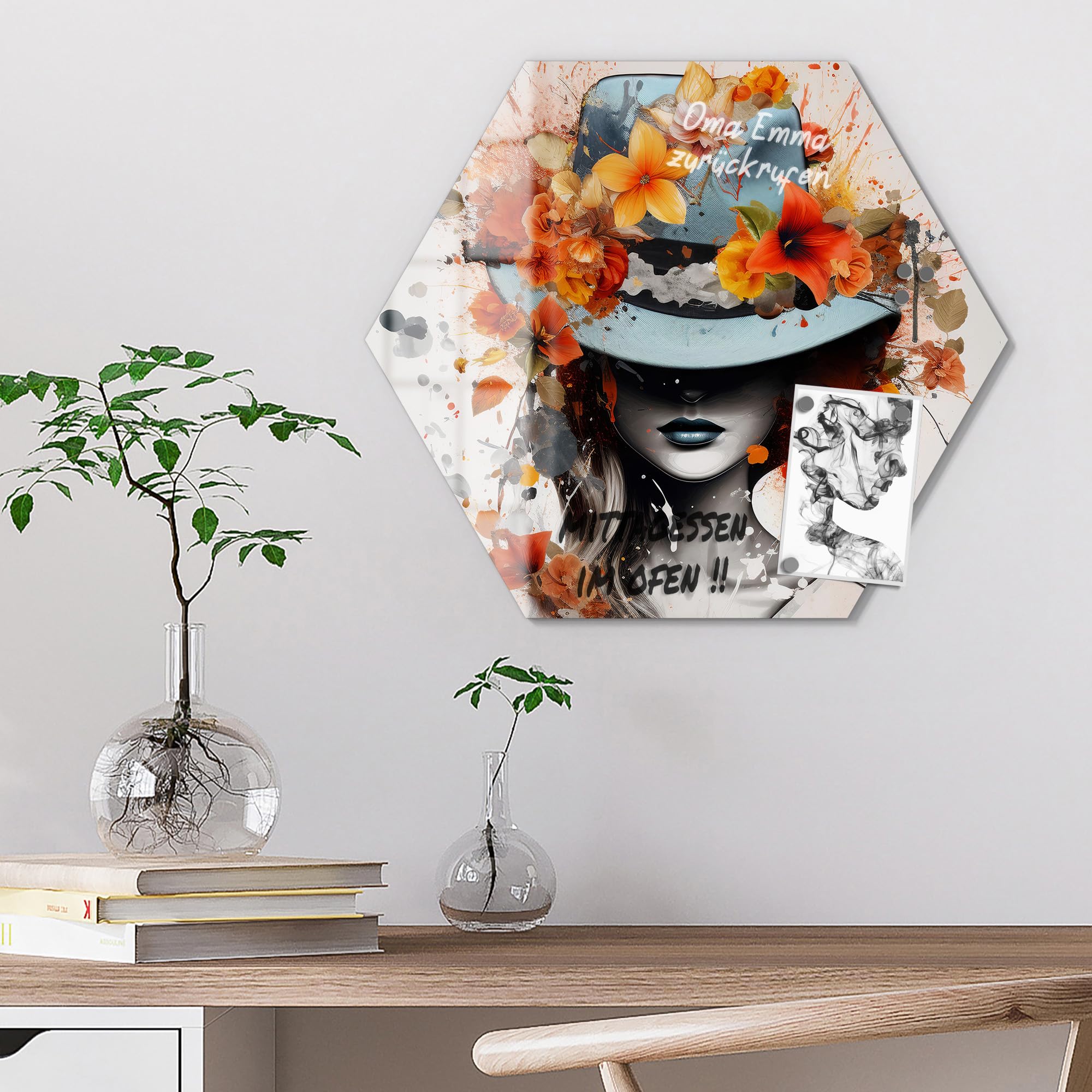 DEQOART Glas-Magnettafel | Sechseck 55x47,6 cm cm groß | Motiv Floraler Farbtanz | Memo-Board aus Glas | Magnetboard inkl. Magnete, Stift & Tuch für Küche & Büro | Tafel beschreibbar