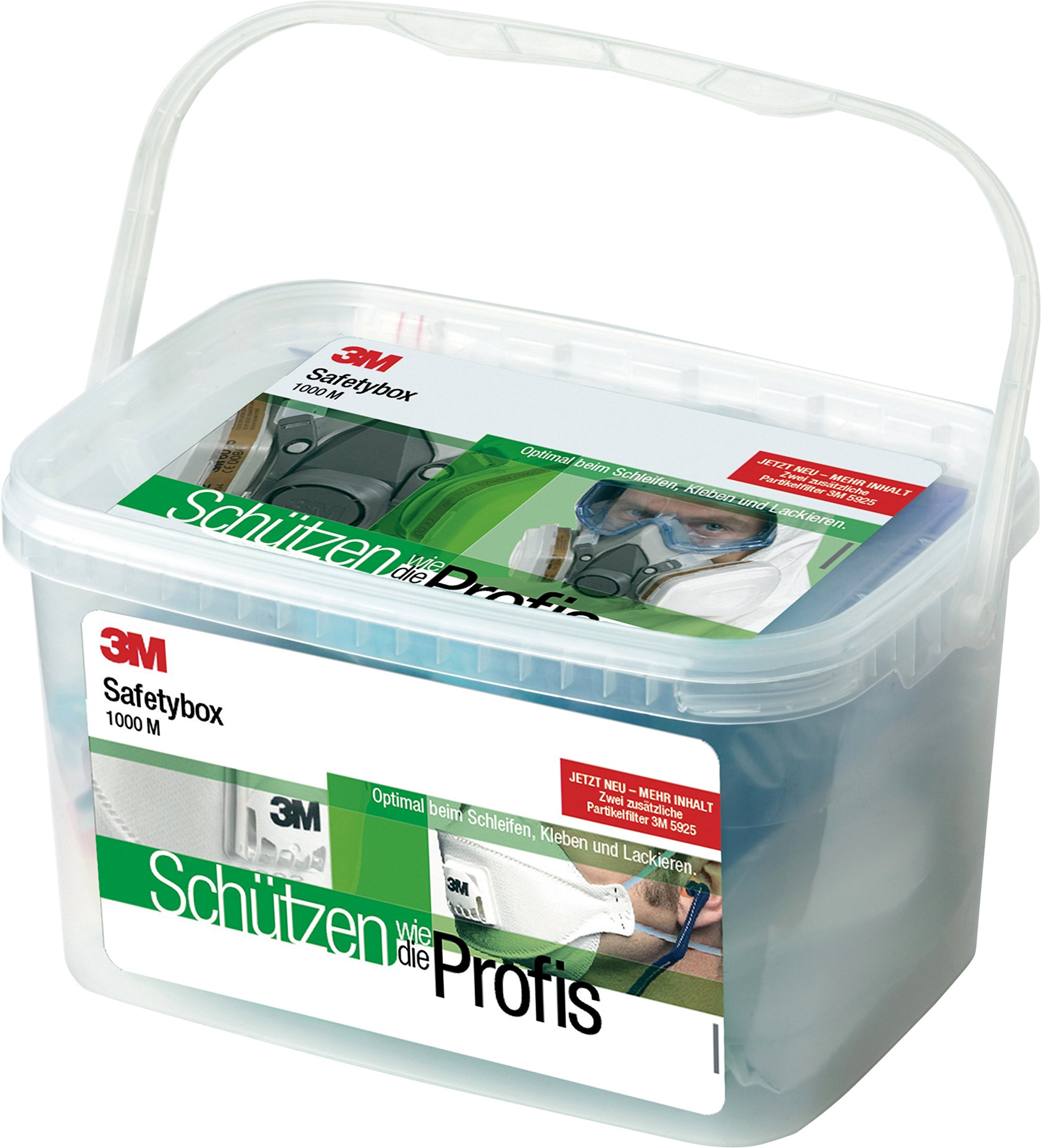 3M Safety Box 1000M, Inhalt u.a.: 1 x Halbmaske 6200M, 2 x Gasfilter 6055 A2, 4 x Partikelfilter 5925 P2R, 2 x Partikelmasken 9322, 1 x Bügelgehörschützer 1310, 1 x Vollsichtbrille 2890SA