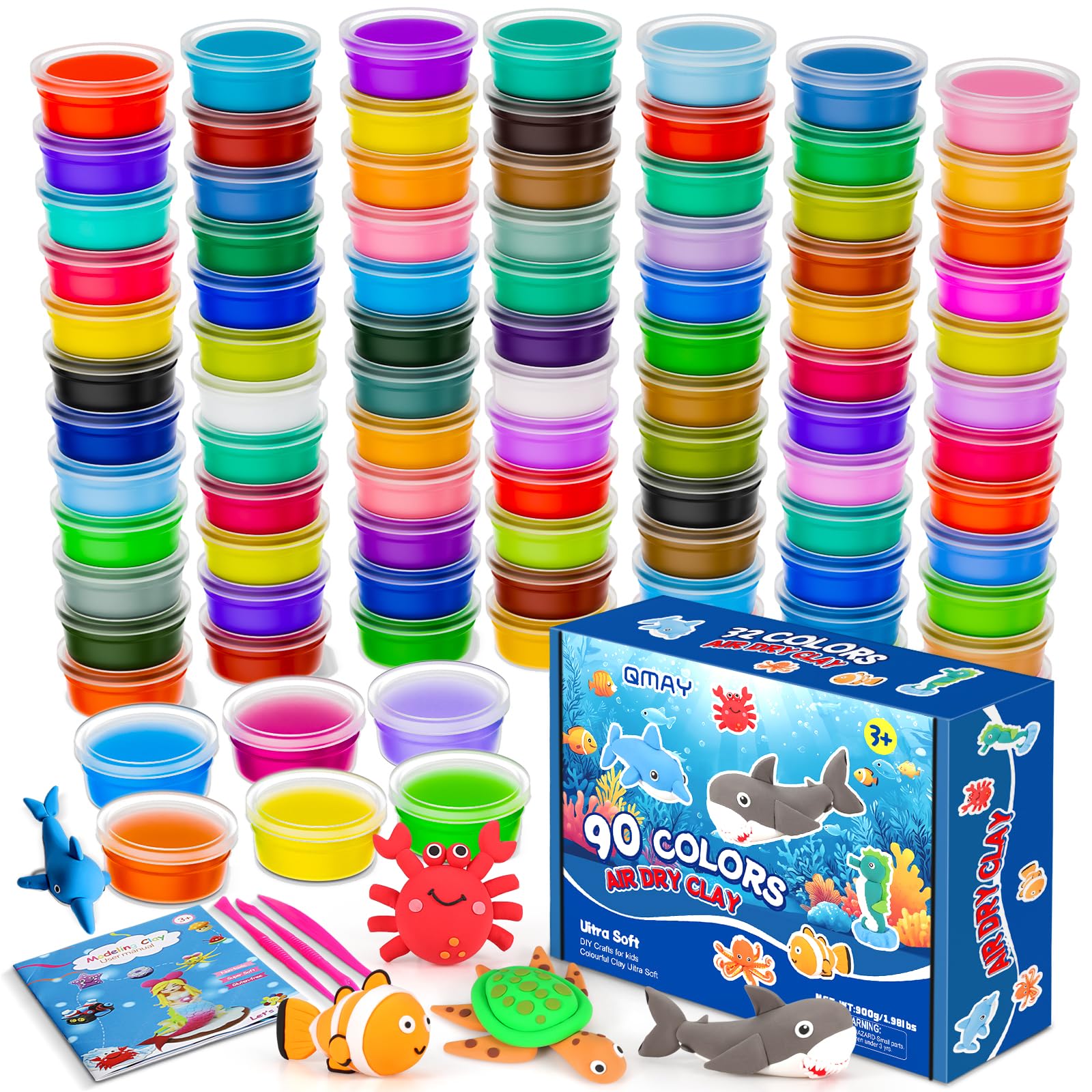 QMAY 90 Colors Air Dry Clay Kit  Ultra Light Magic Modeling Clay for Kids, DIY Craft Dough, Creative Art Supplies for Boys & Girls