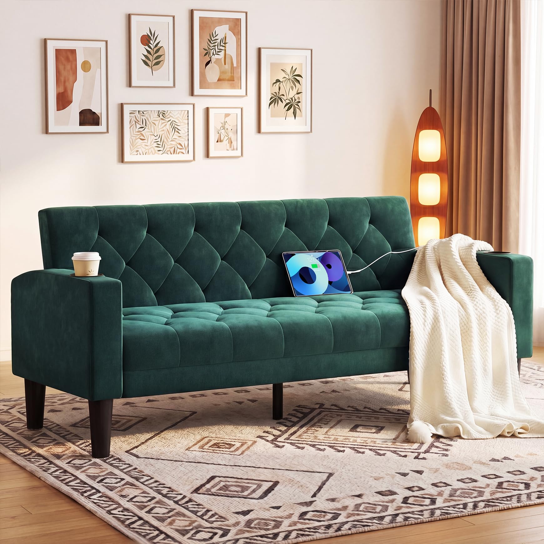 ROCSUMOO Sofa 2 Seater 157cm Comfy Loveseat with 2 USB Ports 2 Cup Holders Upholstered Velvet Small Sofa for Living Room & Office, Green