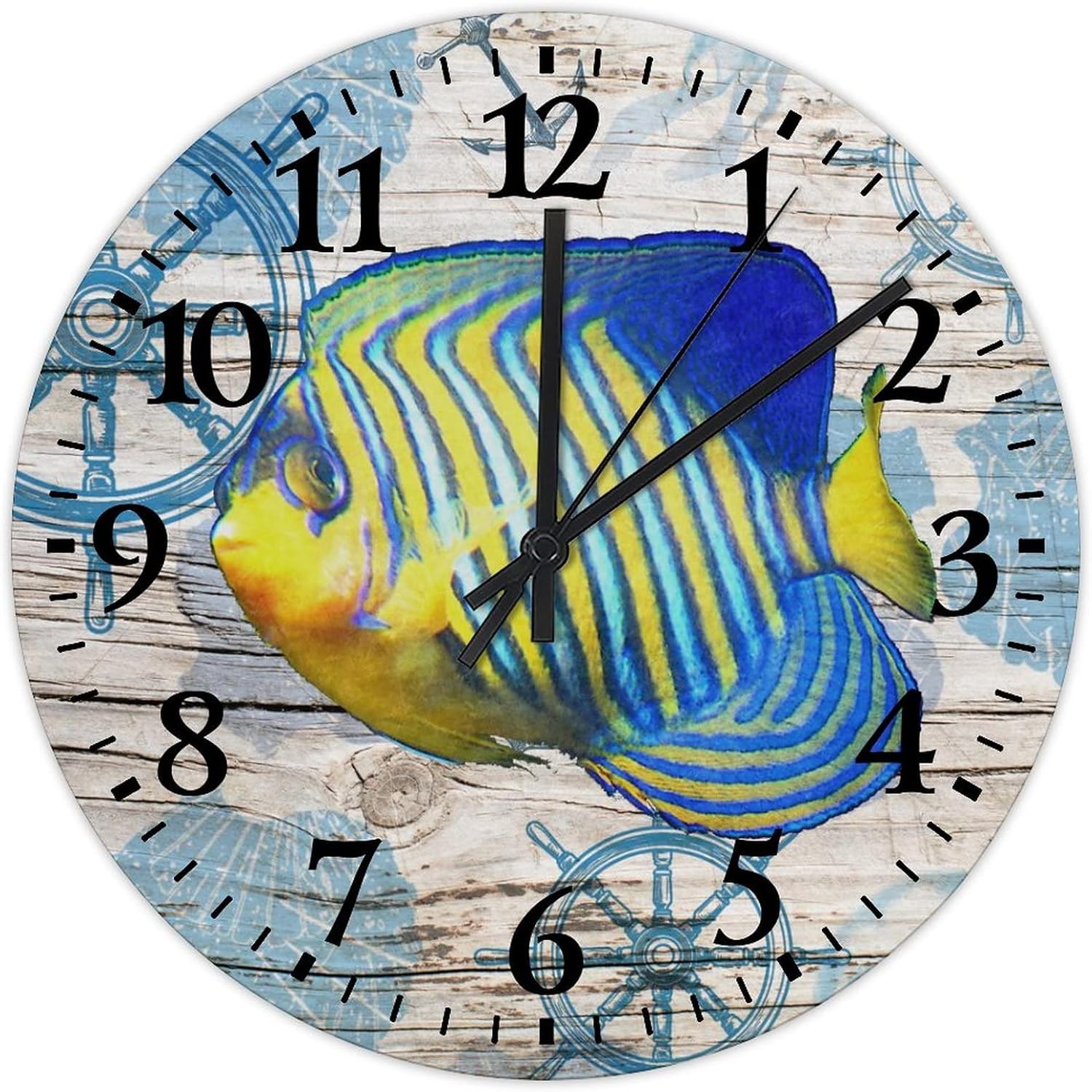 Fish Wood Clock 15 Inch, Ocean Waves Coastal Theme Bedroom Decor Battery Operated Silent Round Arabic Numbers Clock for Home Living Room Office Decoration