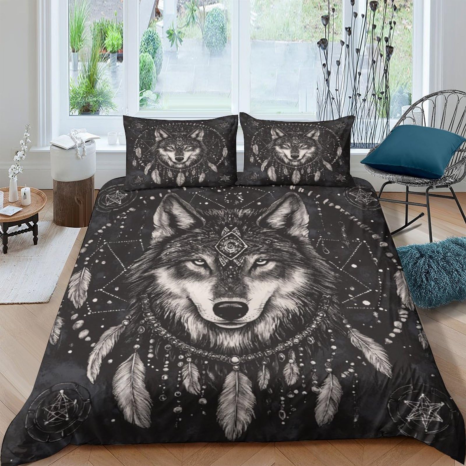 Ctjqhvkz Style-8 3D Printed Wolf Dreamcatcher Fitted Sheet Microfiber Anti-Slip Bed Cover For Bedroom Decor Mattress Protection Single（135X200cm）