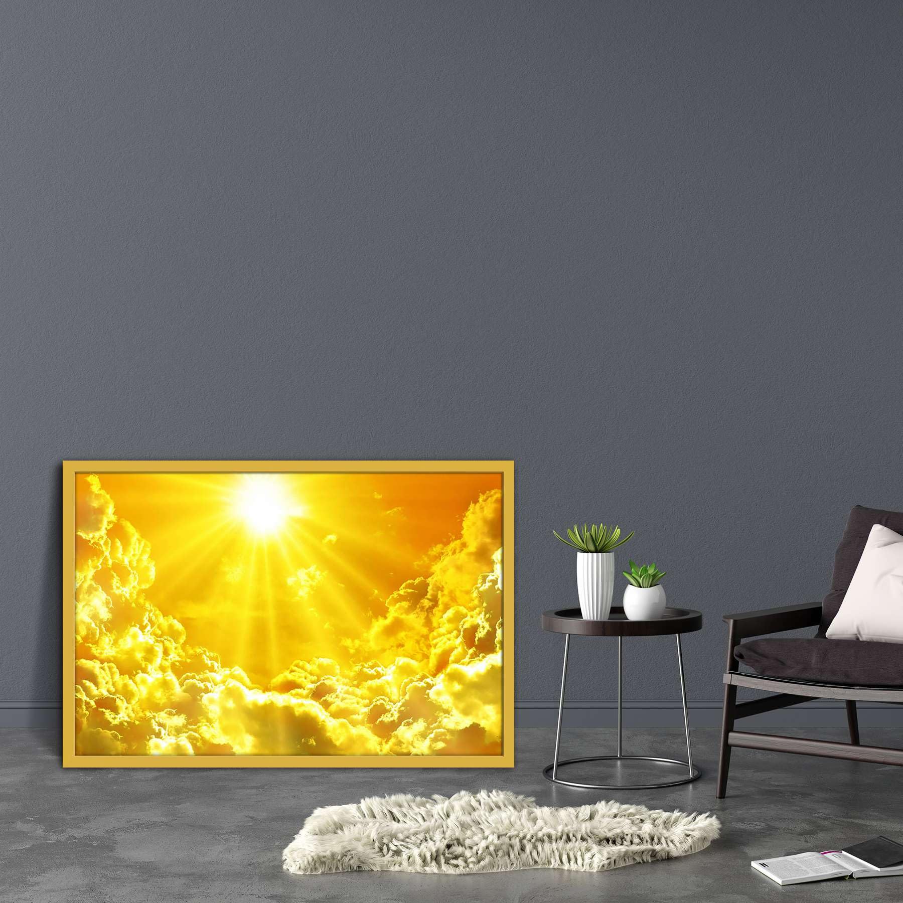 Pitaara Box Sunset Sunrise With Clouds, Light & Rays D1 | Canvas Painting for Bedroom & Living Room | Golden Frame | 26.7 x 18 inch (68 x 46 cms)