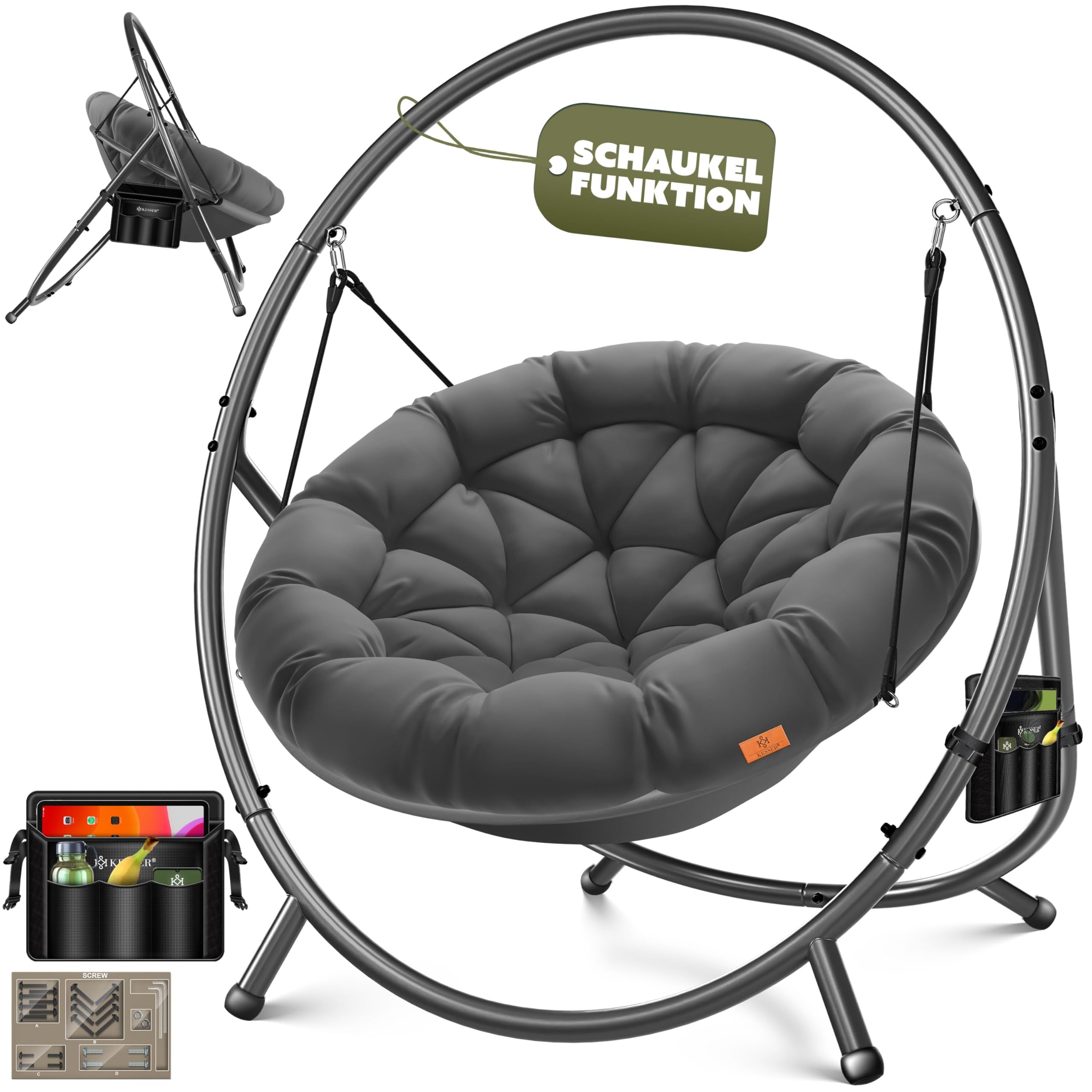 KESSER® Hängesessel mit Gestell Bali Hängeschaukel Hängestuhl bis 150kg für Indoor und Outdoor + Kissen & Seitentasche Hängekorb Stahlgestell & Schaumstoff Sitzpolster