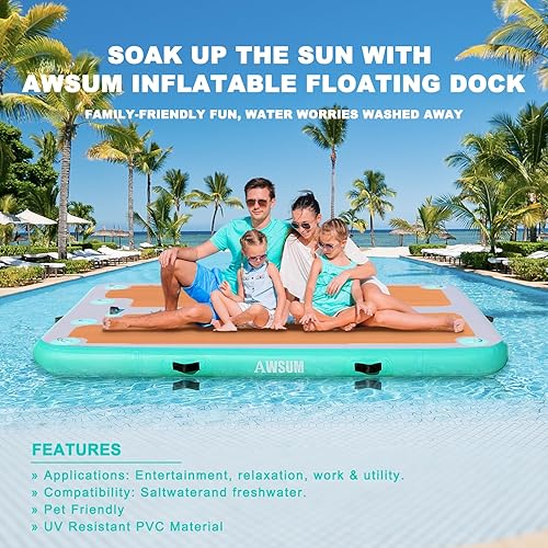Miniatura 7 de AWSUM Muelle flotante inflable, superficie de madera EVA antideslizante de 8 pies10 pies, plataforma de natación inflable para lago, tapete de agua