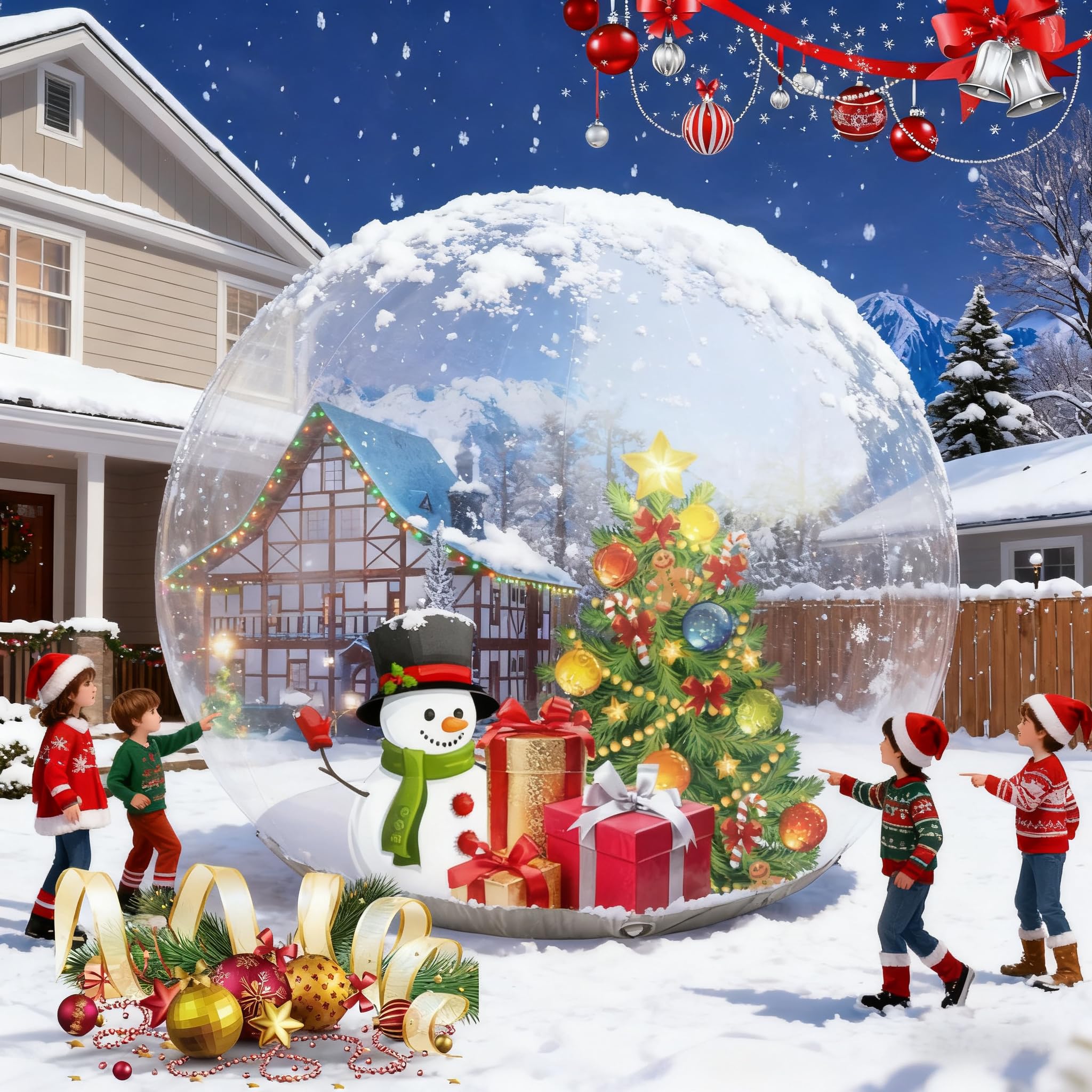 10FT Giant Inflatable Snow Globe(0.5mm PVC)(250w Blower) Christmas Decorations Giant Transparent Bubble Tent, Large Inflatable Bubble Igloo Tent for Wedding,Birthday,Christmas,Halloween Party