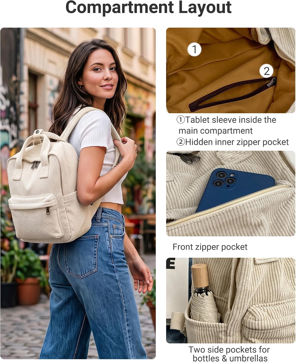 Makukke Small Backpack Purse for Women Corduroy Vintage Backpack Women Mini Fashion Casual Aesthetic Purse, Green image 3