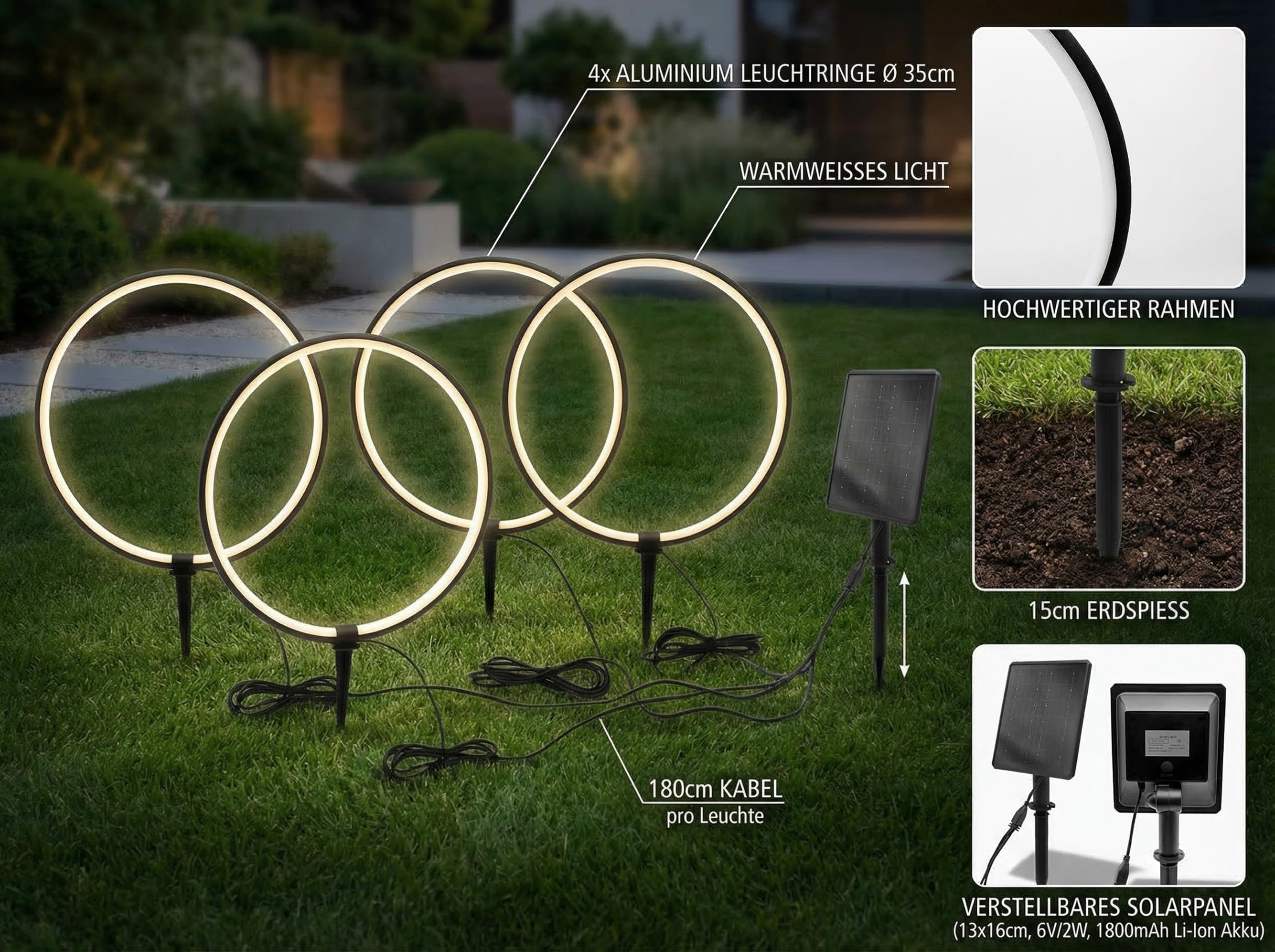 Arnusa Solar Gartenleuchten LED Solar Gartenstecker modern, Solarleuchte Garten Leuchtringe Design warmweiß, Aluminium (4)