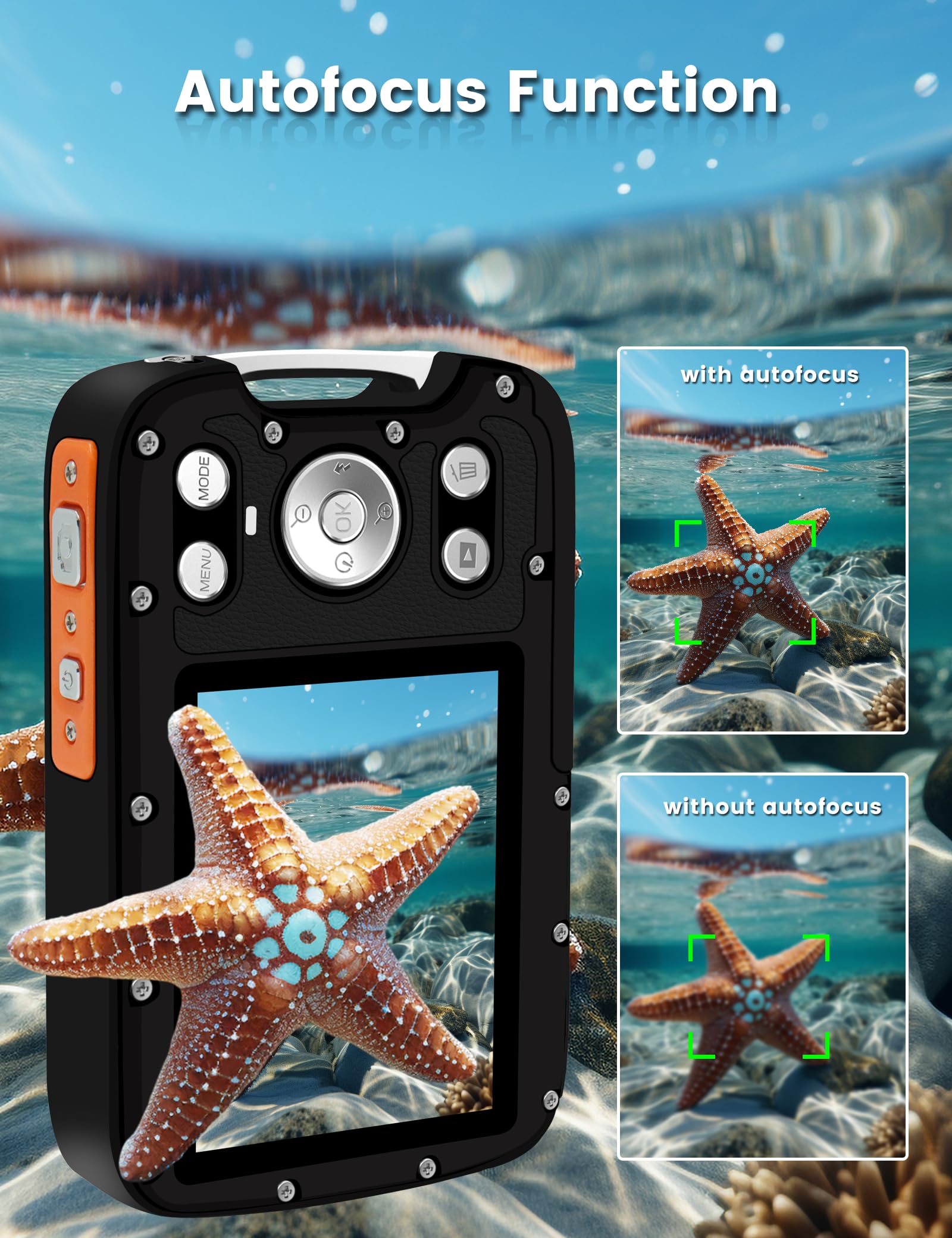Unterwasserkamera 4K 48MP Autofokus Selfie Dual Screen Wasserdicht mit schwimmendem Gurt und 32GB Karte, 4,3 m kompakte wasserdichte Digitalkamera zum Schnorcheln