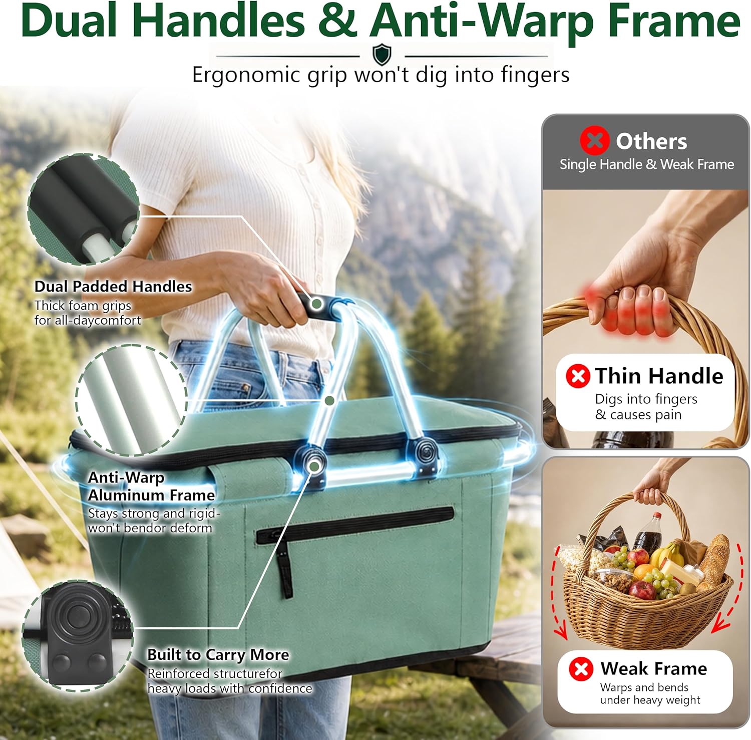 Picnic Basket, SIYUAN Collapsible Shopping Basket with Handles 27L Large Market Basket with Lid Reusable Folding Grocery Basket Insulated Cooler Bag, Green
