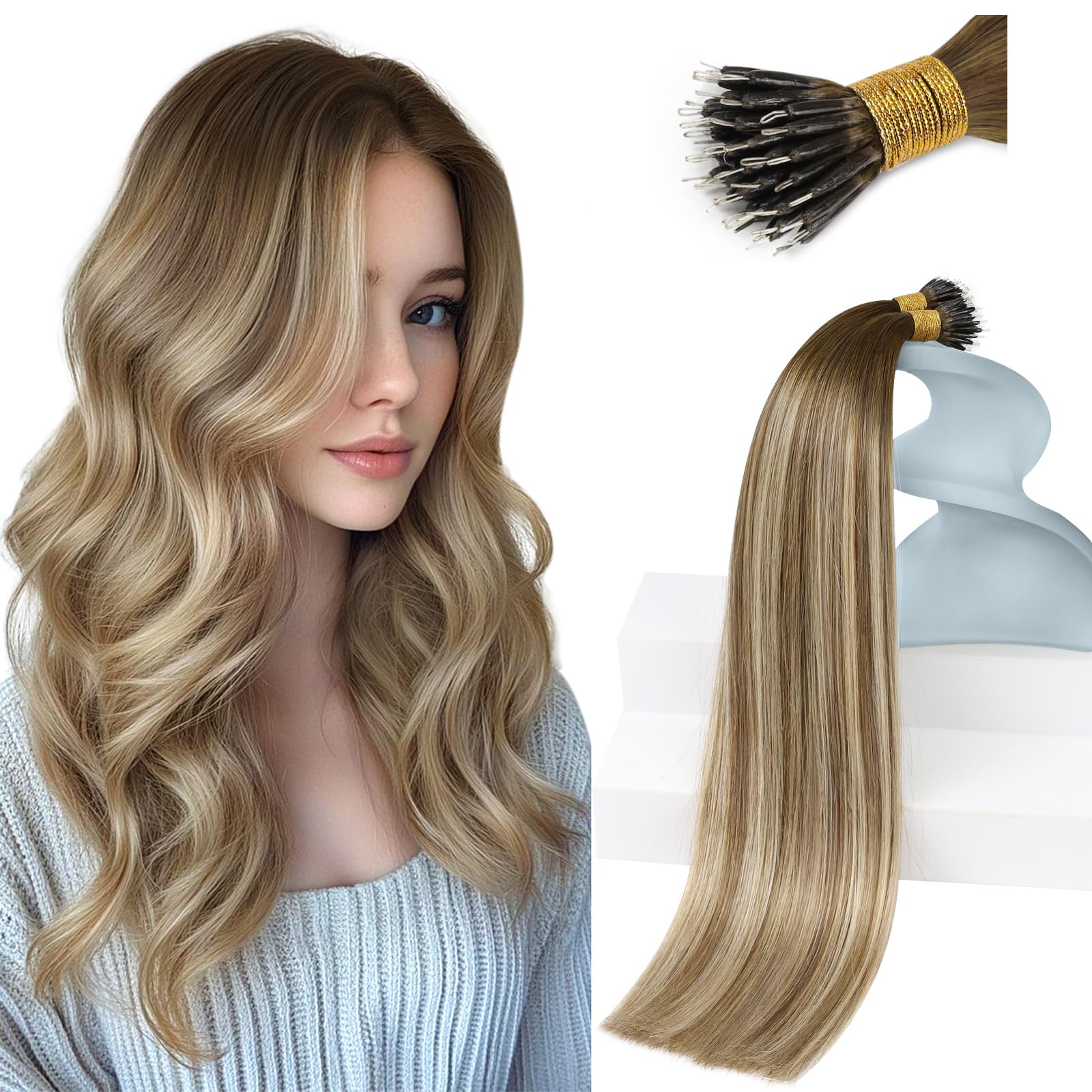 Sunny Hair Nano Beads Hair Extensions Straight Nano Hair Extensions Human Hair Remy Hair Extensions for Women Nano Ring Extensions Real Human Hair 50g Cool Brown Ombre Balayage Blonde 18inch