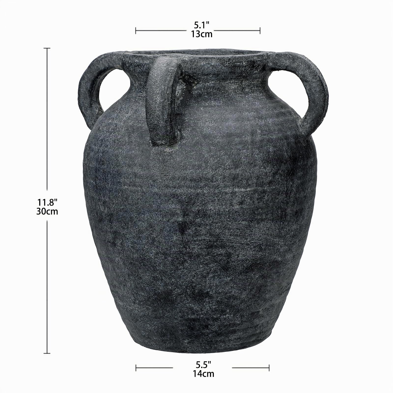 Hohe 30cm Keramikvase Handgemachte Vintage Terrakotta-Vase Tischvase mit Griffen aus Keramik für Deko Wohnzimmer Home Office, Vase für Pampasgras, Rustikales Antikes Dekor, Schwarz