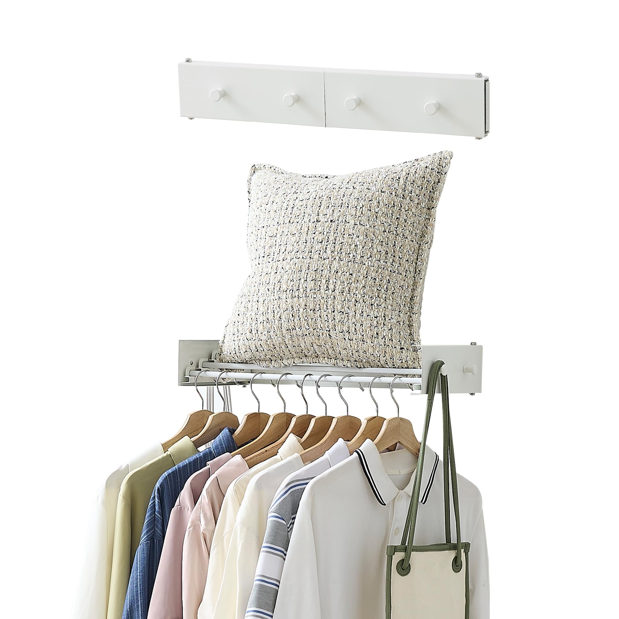 RFOUO Stendibiancheria da parete, bianco, 50 cm, con ganci | Stendibiancheria pieghevole salvaspazio per lavanderia, balcone, bagno, 4 aste in alluminio, capacità 18,1 kg