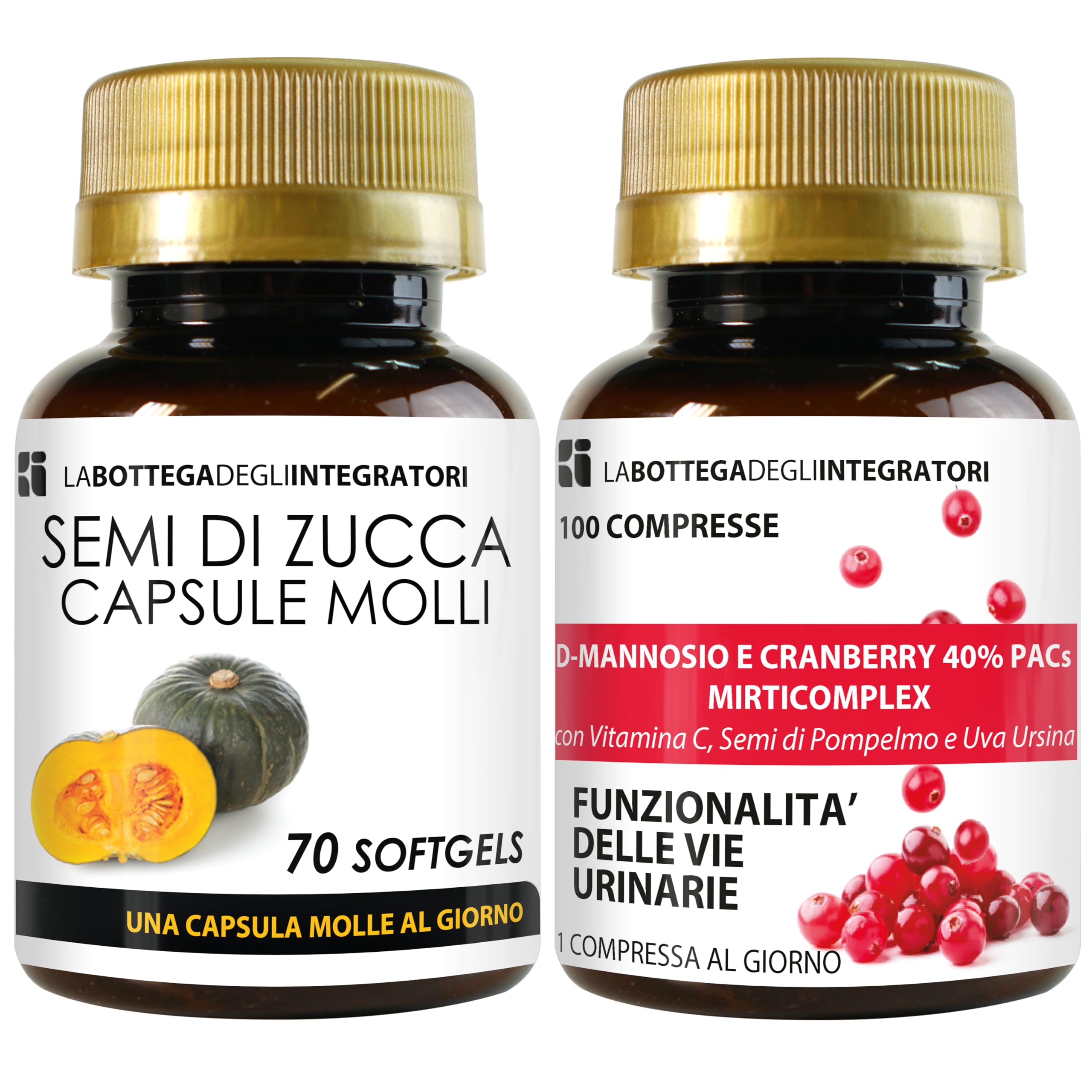 Semi di Zucca 70 Softgels e D Mannosio Cranberry 40% Mirticomplex 100 Compresse | Antiossidante Drenante Vie Urinarie | Una al Giorno