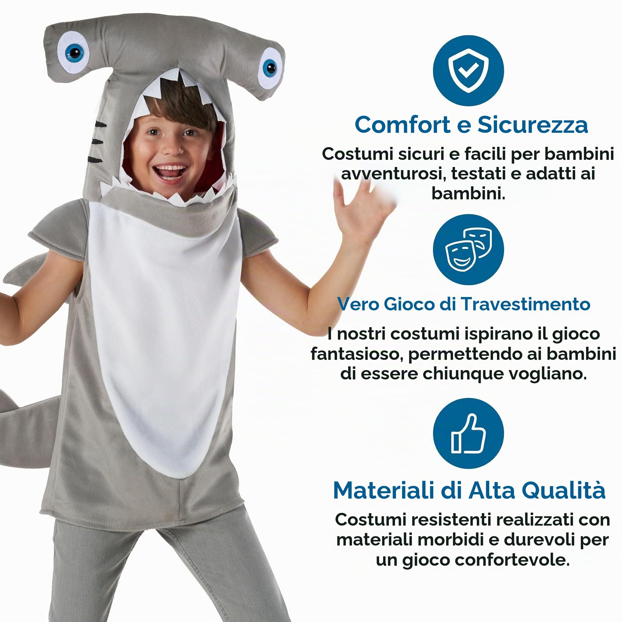 Morph Costume Squalo Martello Bambino, Halloween Bambino | Tunica in Peluche con Testa di Squalo & Coda, Design Squalo Martello, Perfetto per Halloween, Ideale per il Gioco di Ruolo