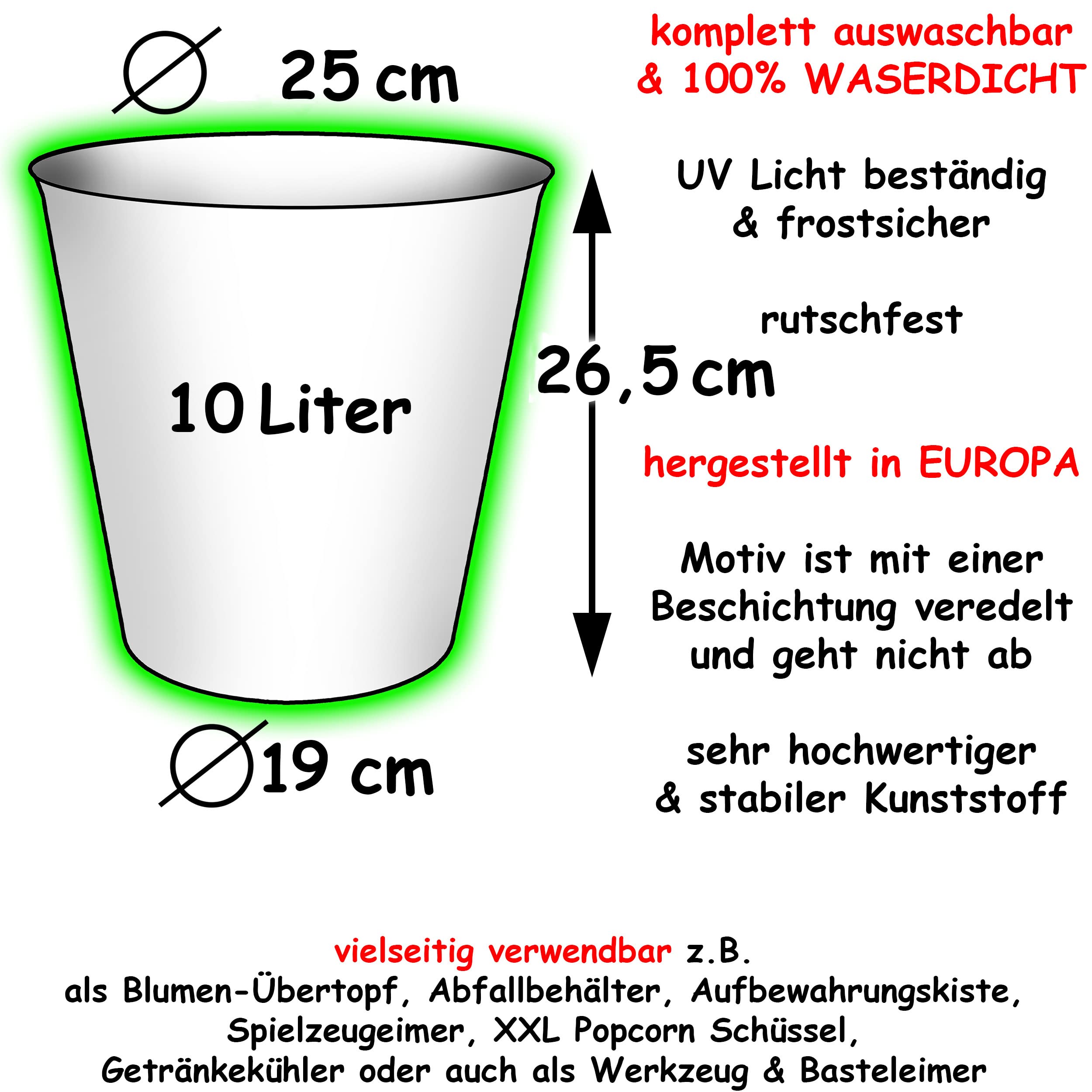 alles-meine.de GmbH Papierkorb/Mülleimer Modell wählbar 10 Liter - wasserdicht - 27 cm - aus Kunststoff Dinosaurier - Tyrannosaurus Rex Eimer - Spielzeugkorb/Popcorns..