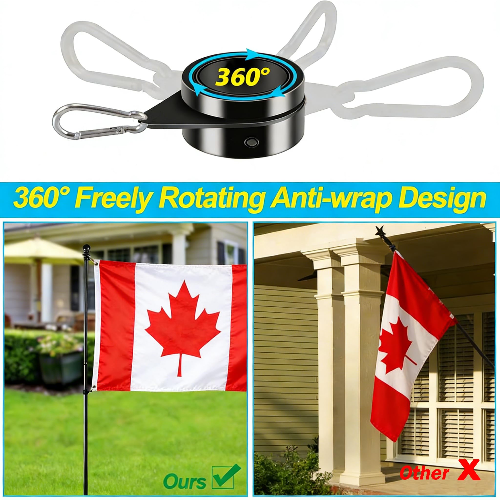 Black Flagpole Kits for Outside House, 6 FT Thickened Stainless Steel Porch Wall Flag Pole for 3x5'/4x6' Flag, 1" Anti-Wrap Spinning Flagpole Ring, 180° Adjustable Multi-Position Bracket Holder - 4