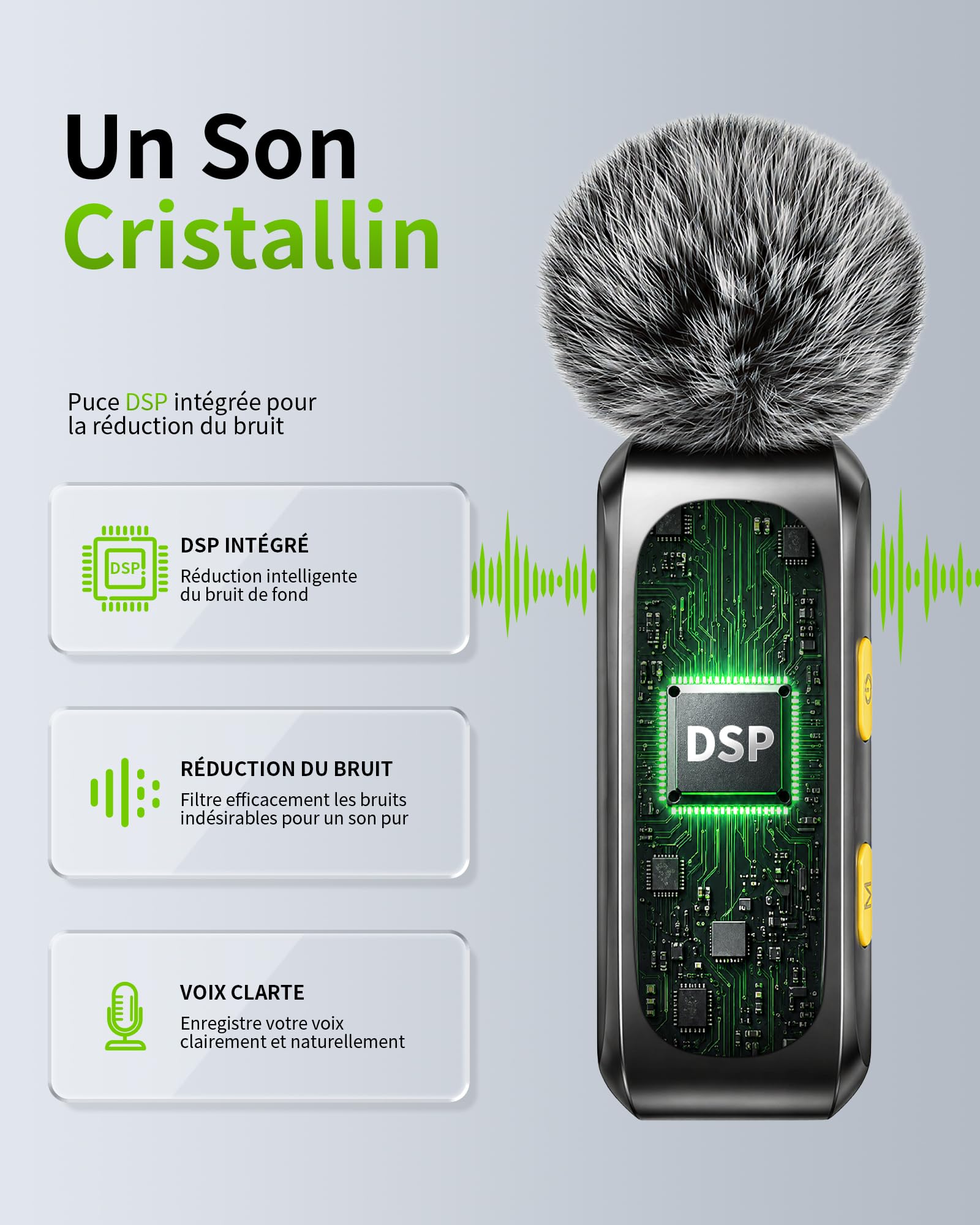 Micro Cravate Sans Fil Mini à Condensateur pour iPhone, Android et PC, Plug & Play avec Réduction du Bruit, Indicateur de Batterie et Bonnette Anti-Vent pour Vidéo, Streaming et Podcast (gris foncé)