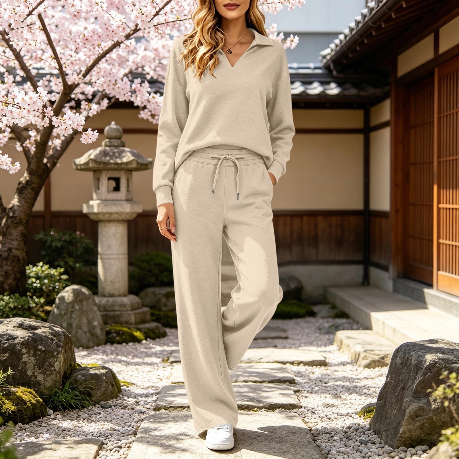 Ensemble Jogging Femme Survêtement Femme Haut Col Revers Et Jogging Pantalon Large Femmes 2 Pièces Activewear Automne Hiver Loungewear Set Doux Et Confortable Ensemble De Sport