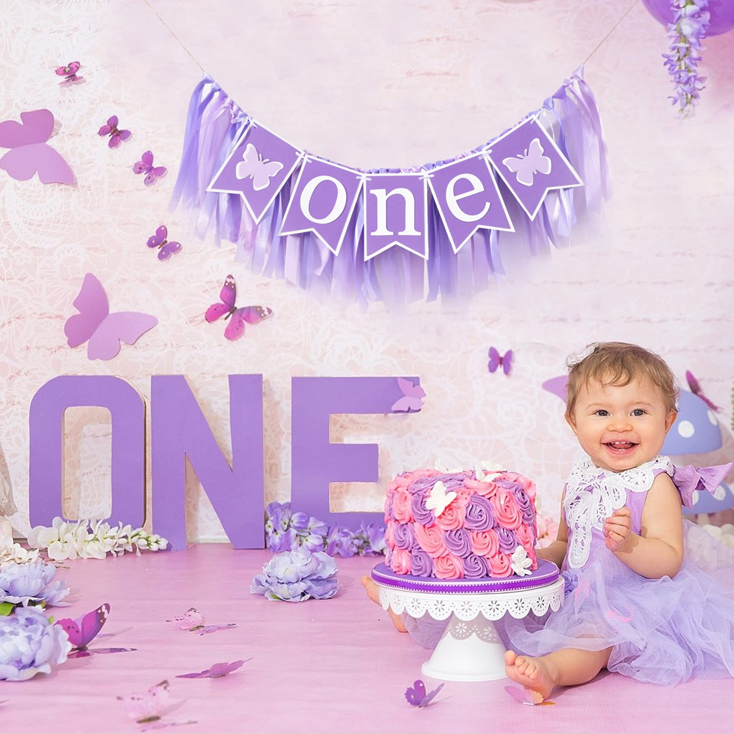 WAOUH Cartel De Mariposa Para Silla Alta – Decoración De Fiesta De Primer Cumpleaños De Mariposa, Pancarta De Cinta Rosa Y Morada, Pancarta De Fondo De Pastel De Cumpleaños Para Niñas