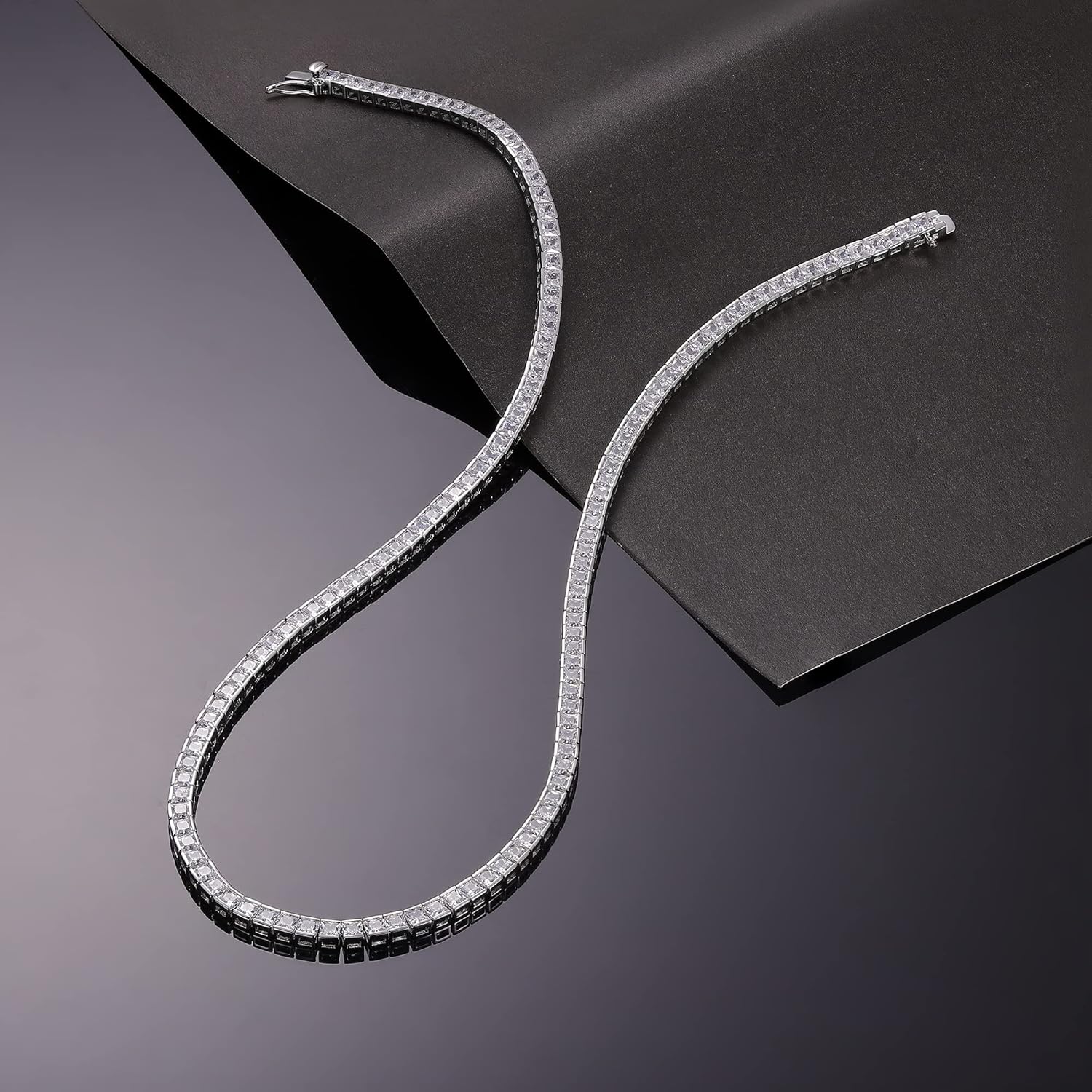 MDFUN Tennis Necklace 18K White Gold/Yellow Gold Plated | 3.0mm Square Cubic Zirconia Cut Bezel Setting Faux Diamond Tennis Chain Choker for Women and Men 16-24 inches - Image 3