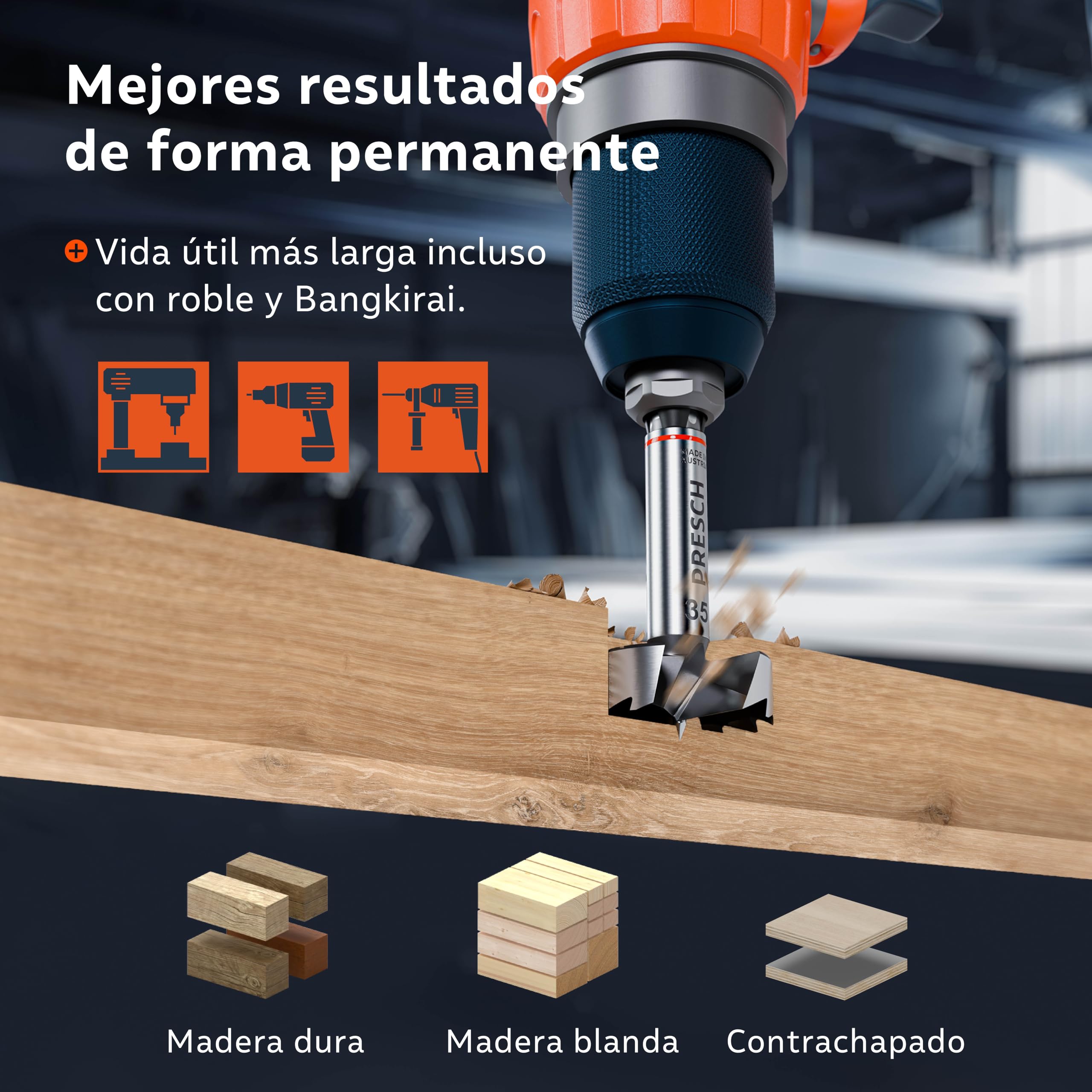Presch Broca Forstner Ø 35mm - Broca para madera ultra afilada y duradera - Punta central de alta precisión para agujeros perfectamente redondos - Rendimiento fiable con vida útil optimizada
