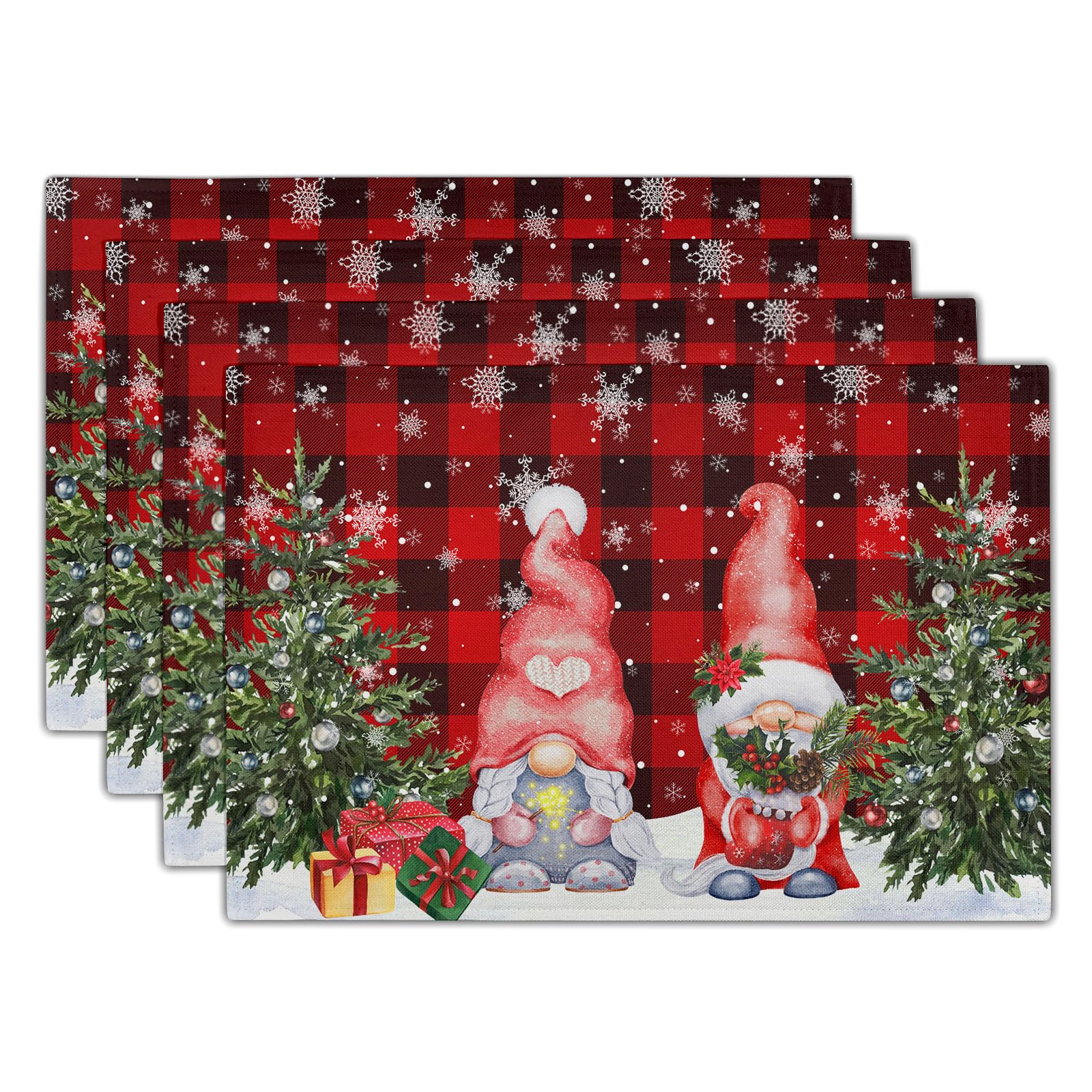 Giwawa Winter Gnomes Placemats Set of 4, Christmas Snowflakes Xmas Trees Linen Table Mats, Red Black Buffalo Plaids Non-Slip Place Mats for Kitchen Dining Holiday Decor, 12x18 Inch
