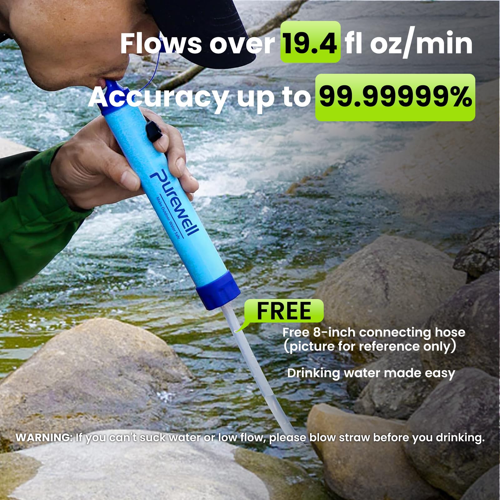 Purewell Filtre à eau extérieur - Paille de filtration d'eau personnelle - Équipement de survie d'urgence - Purificateur d'eau pour camping, randonnée, escalade, randonnée