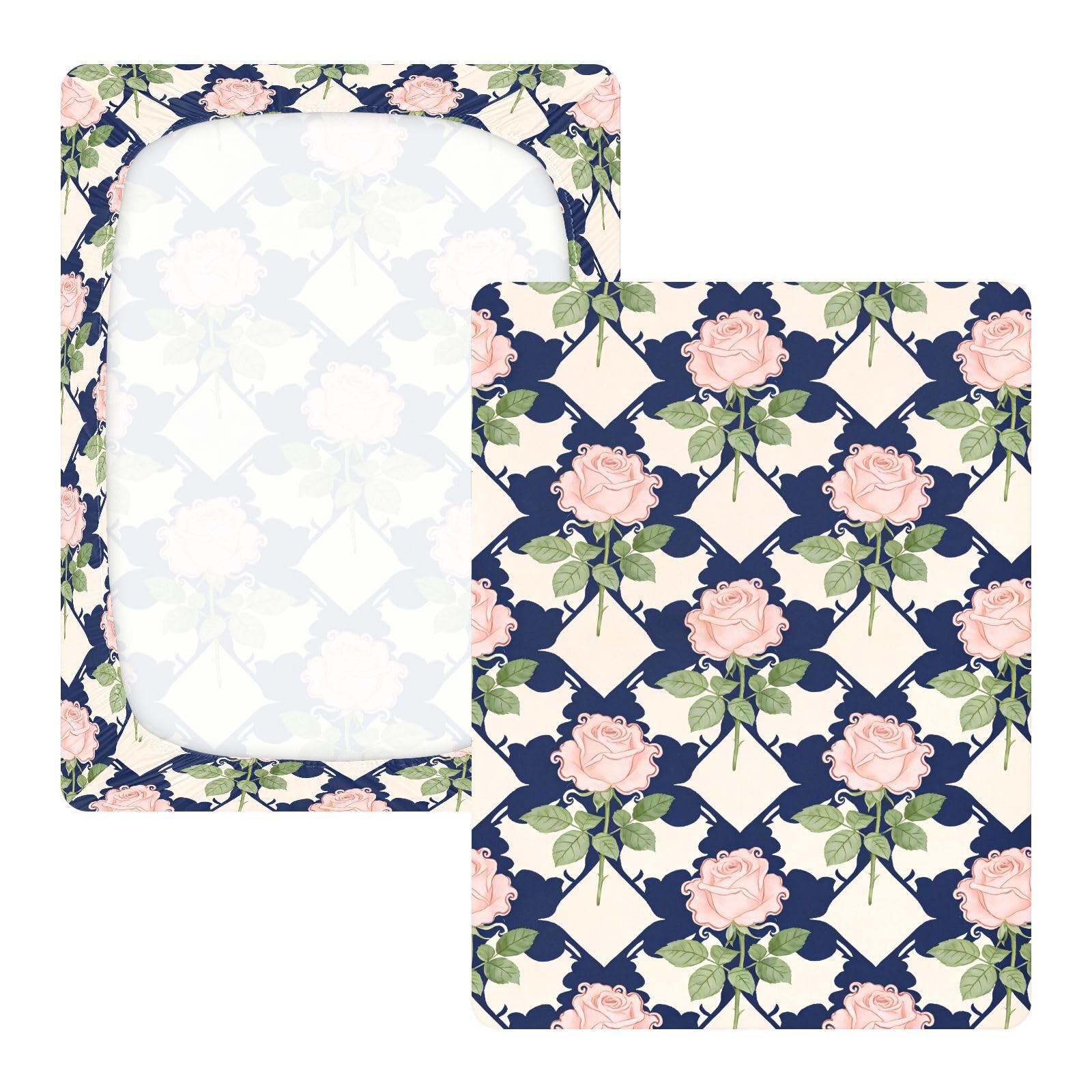 Sábanas de algodón para cuna de bebé, niños y niñas, diseño de rosas rosas, color azul marino y beige, suave y cómoda, funda de cama para guardería, 1 paquete de sabanas para cuna