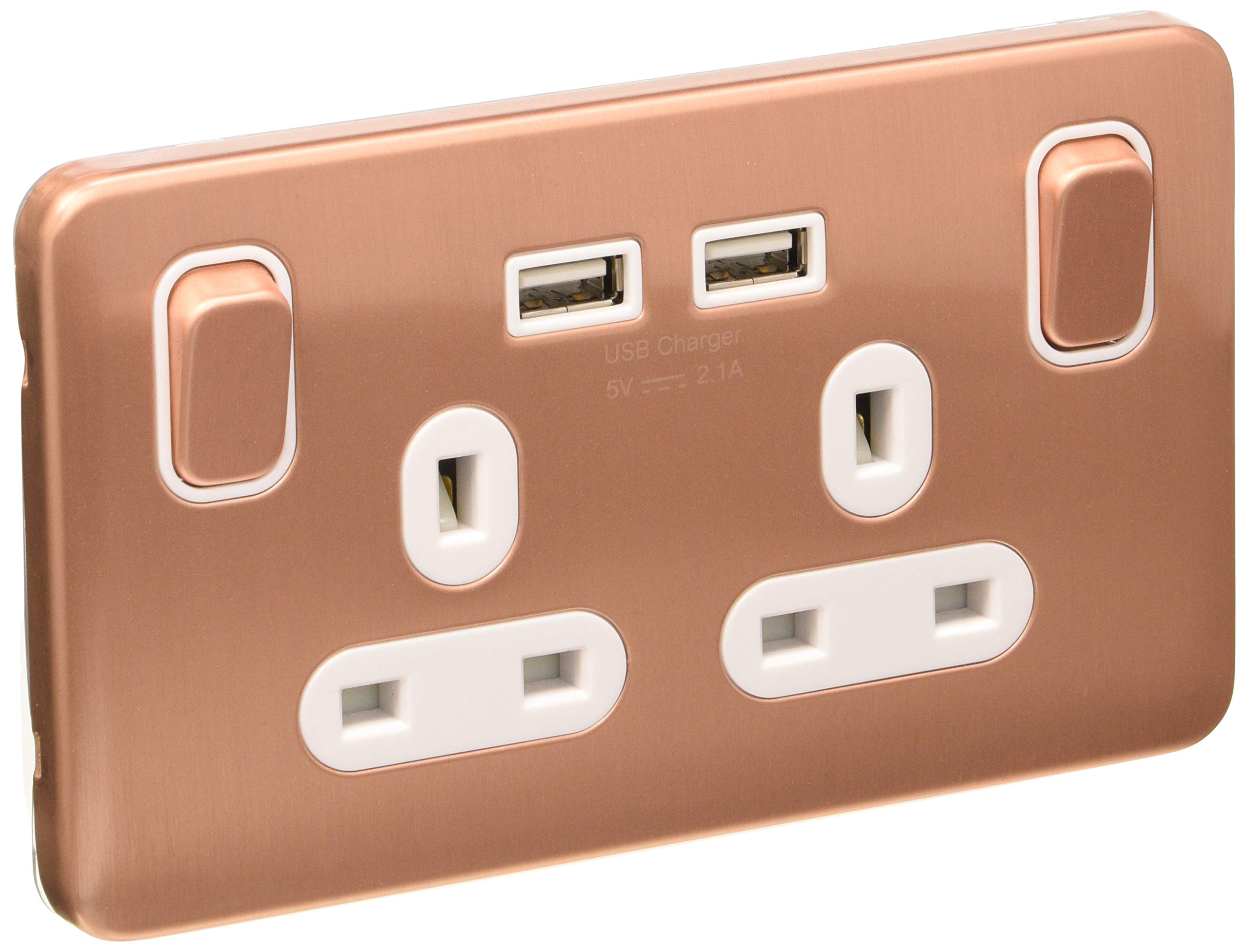 Schneider Electric Lisse Screwless Deco Switched Double Power Socket Single Pole with USB Charging Ports, 13A, GGBL30202USBAWLCS, Light Copper with White Insert