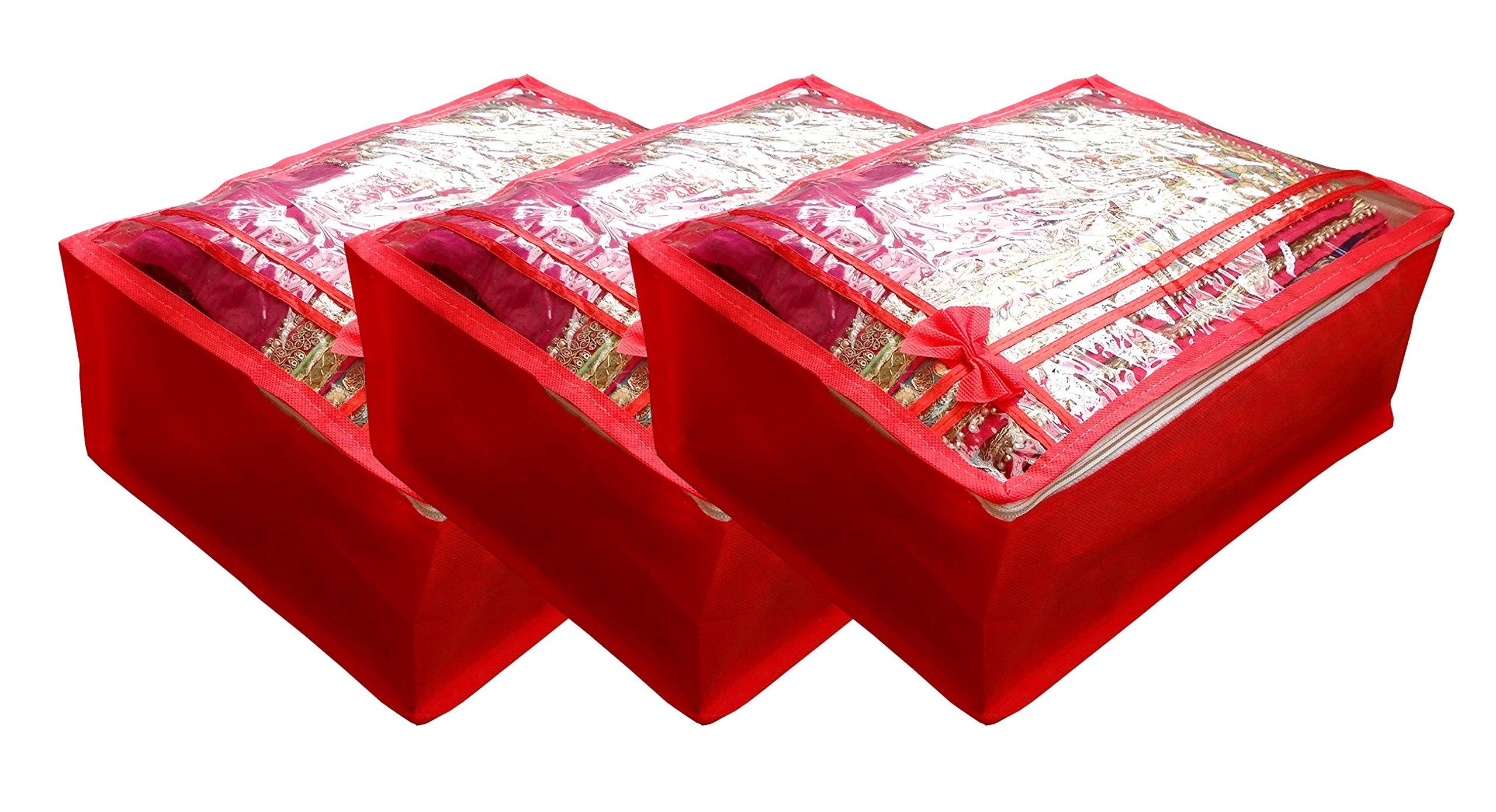 DIKHAWA Non Woven Transparent Top Saree Cover Bag, Cloth Cover Set for Storage with Zip (Set of 3_Red_43X33X18CM)